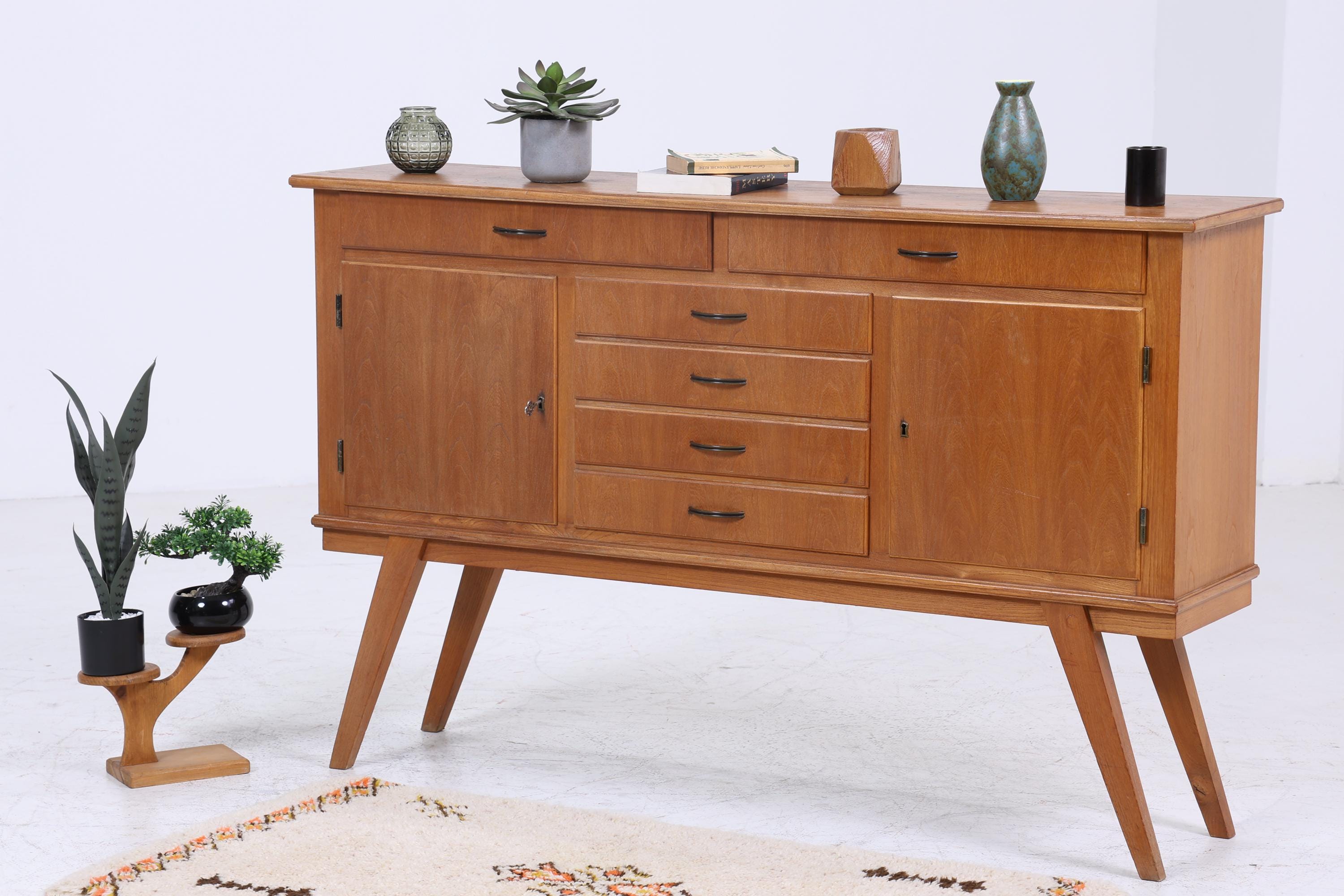 Vintage Sideboard 60er Jahre | Mid Century Schubladen TV Board mit Schubladen & Fächern Retro Holz Aufbewahrung Anrichte