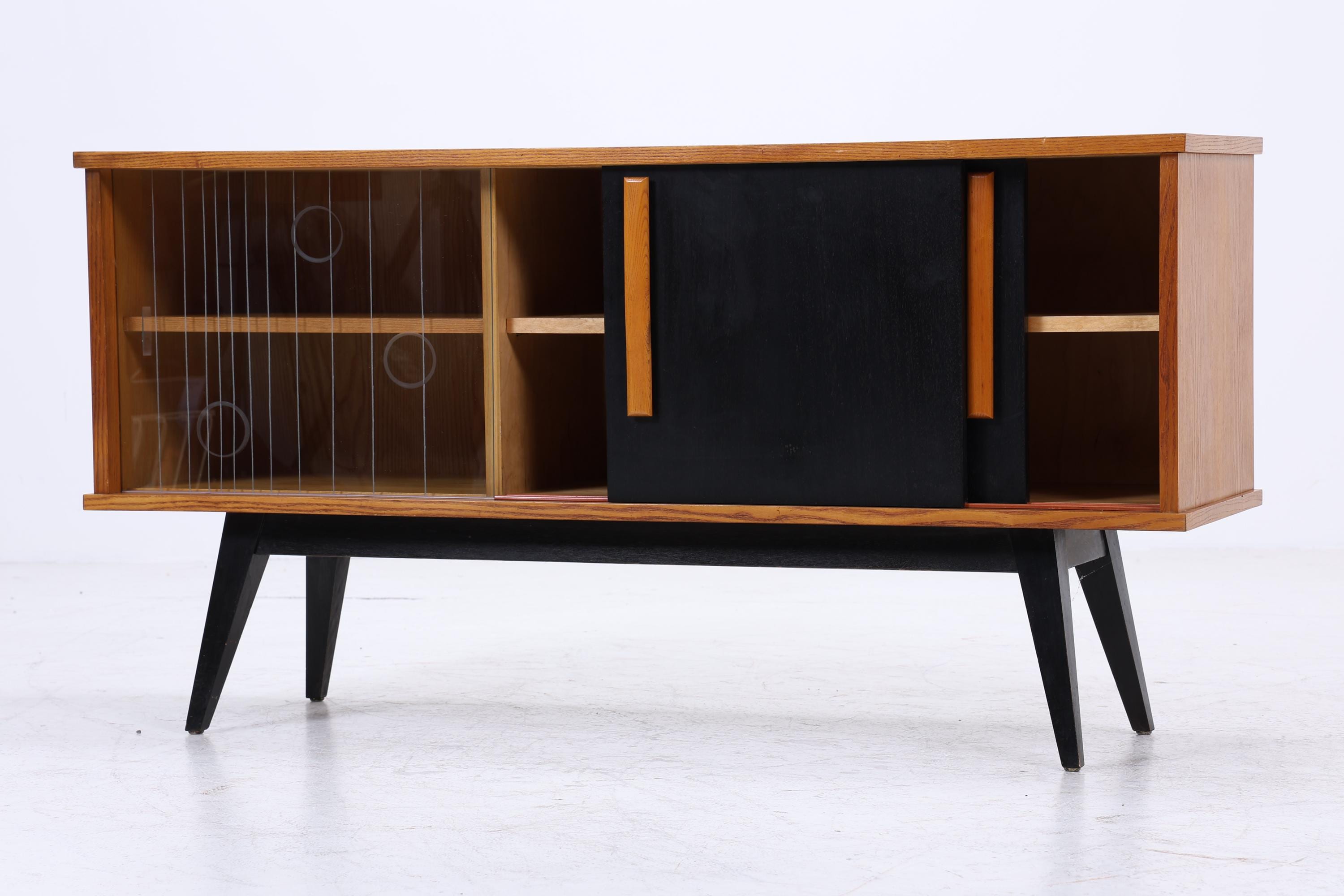 Vintage Sideboard 60er Jahre | Mid Century Vitrine Holz Anrichte Schwarz Design