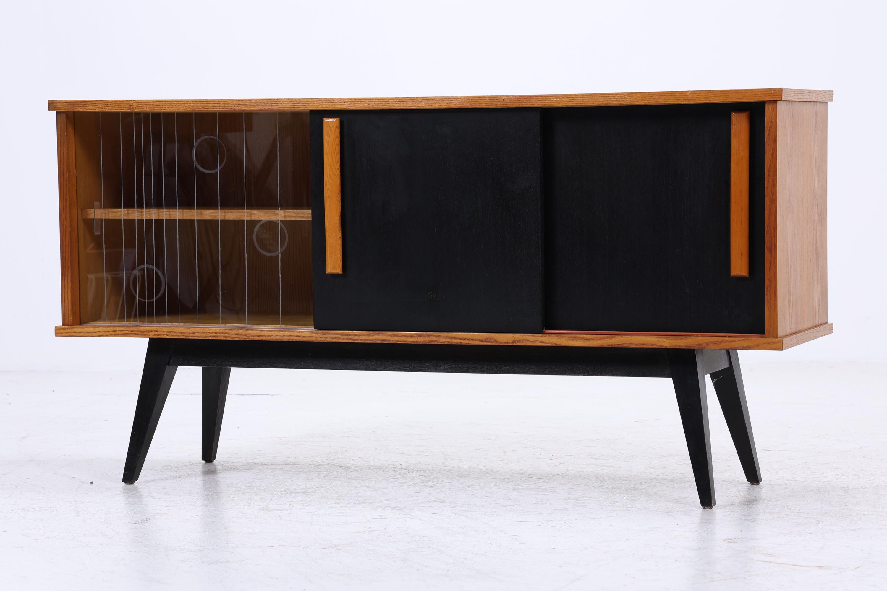 Vintage Sideboard 60er Jahre | Mid Century Vitrine Holz Anrichte Schwarz Design