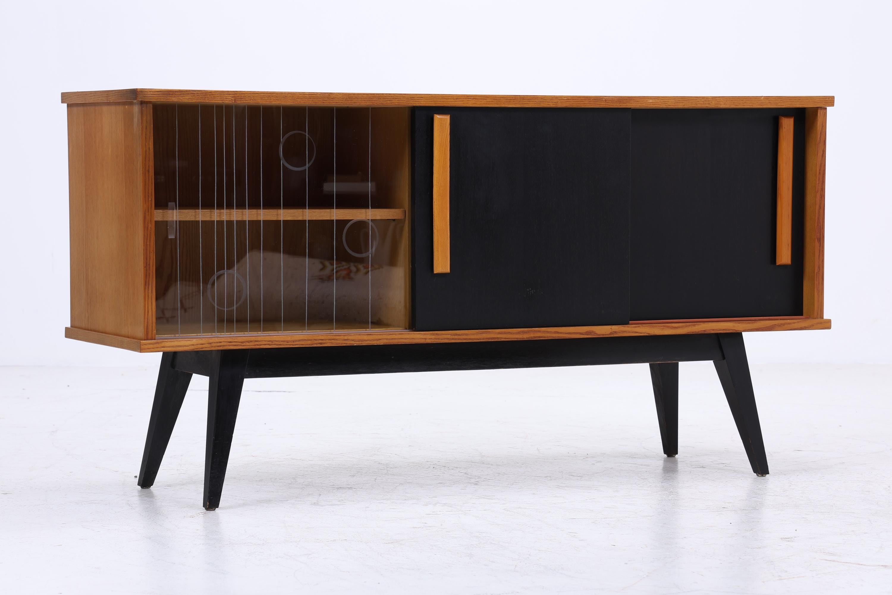 Vintage Sideboard 60er Jahre | Mid Century Vitrine Holz Anrichte Schwarz Design