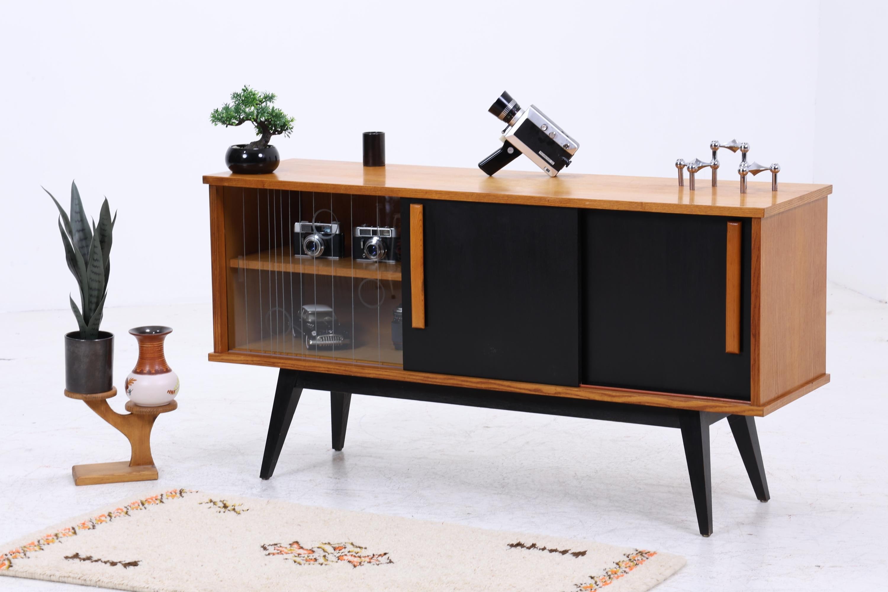 Vintage Sideboard 60er Jahre | Mid Century Vitrine Holz Anrichte Schwarz Design