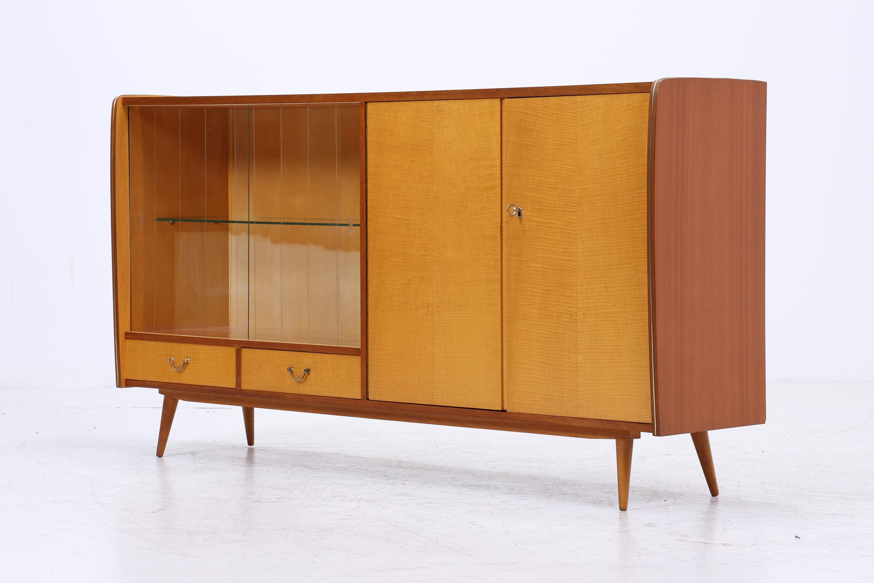 Vintage Glas SIdeboard 60er Jahre | Mid Century Highboard Vitrine Holz Design
