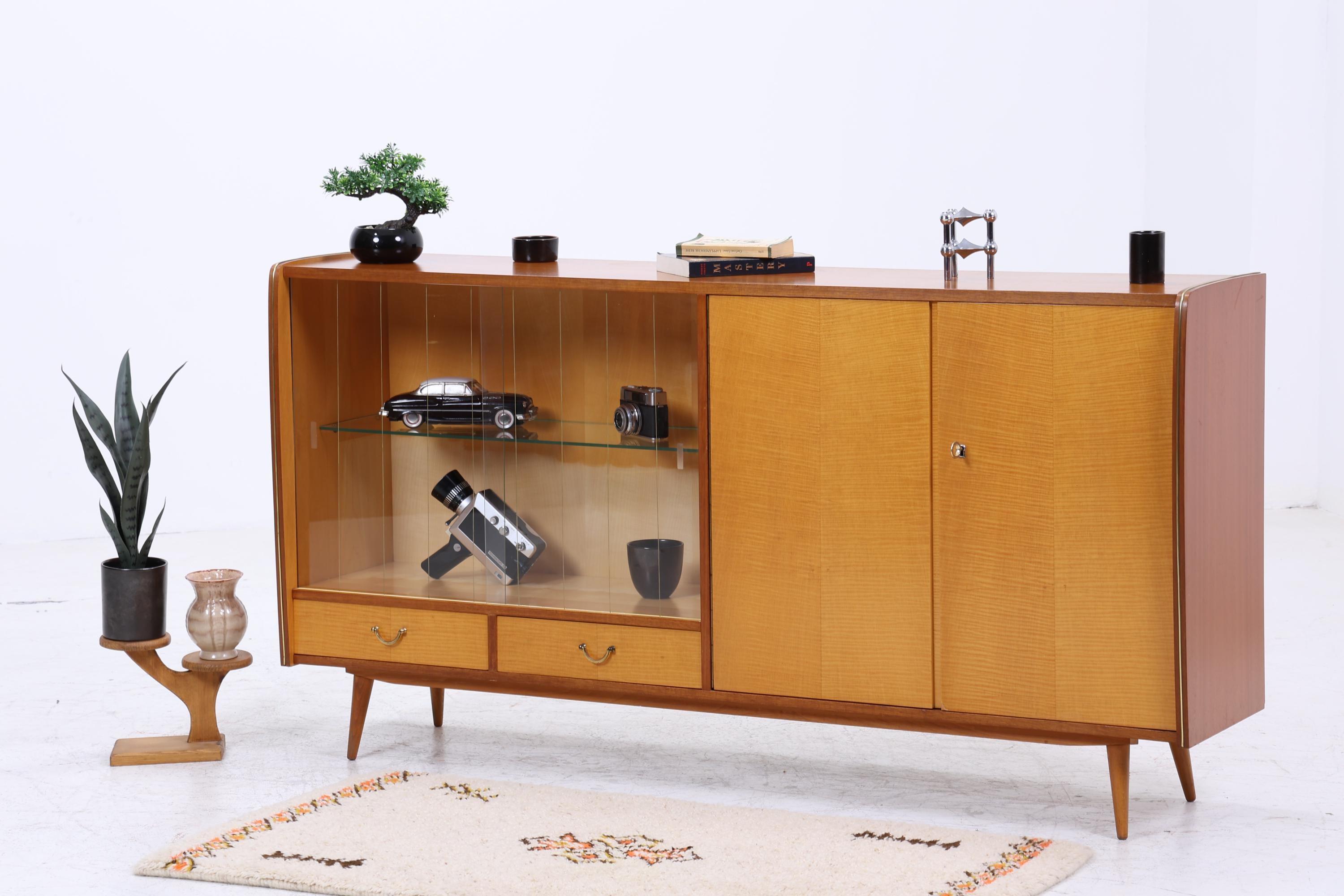 Vintage Glas SIdeboard 60er Jahre | Mid Century Highboard Vitrine Holz Design
