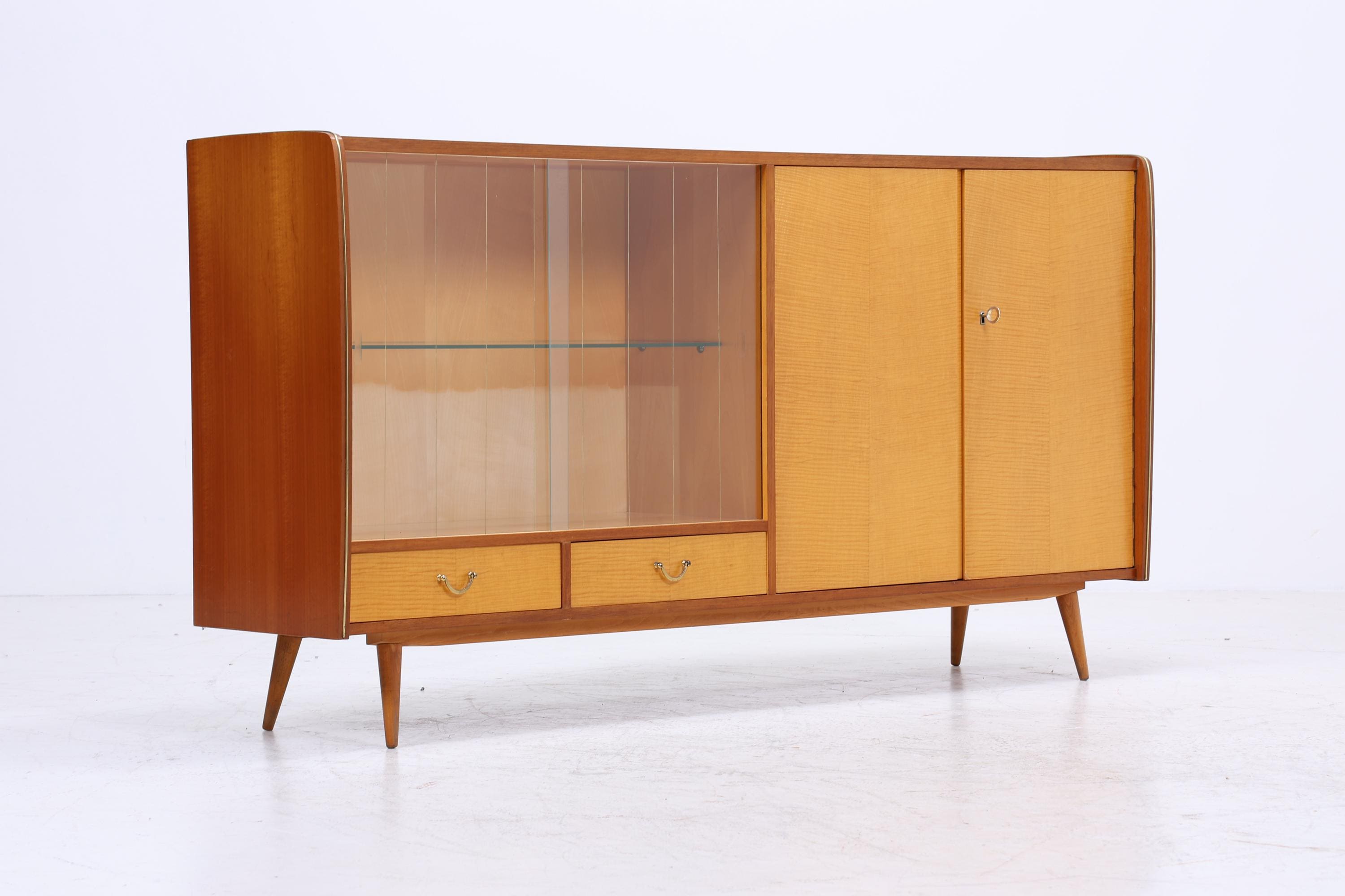 Vintage Glas SIdeboard 60er Jahre | Mid Century Highboard Vitrine Holz Design