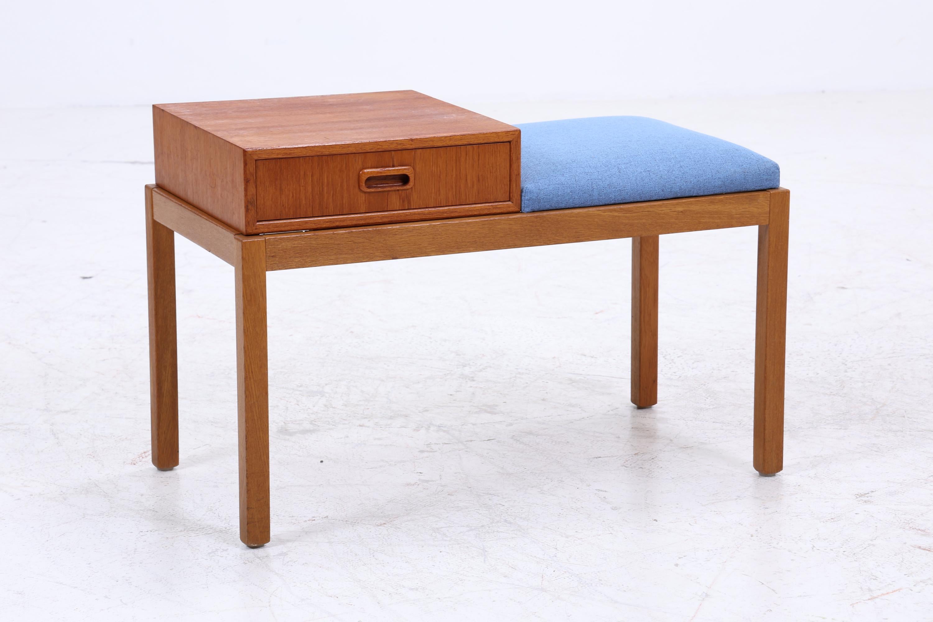 Mid Century Teak Telefonbank mit Schublade & Sitzpolster | Vintage Flur Bank Blau | 60er Design Sitzbank