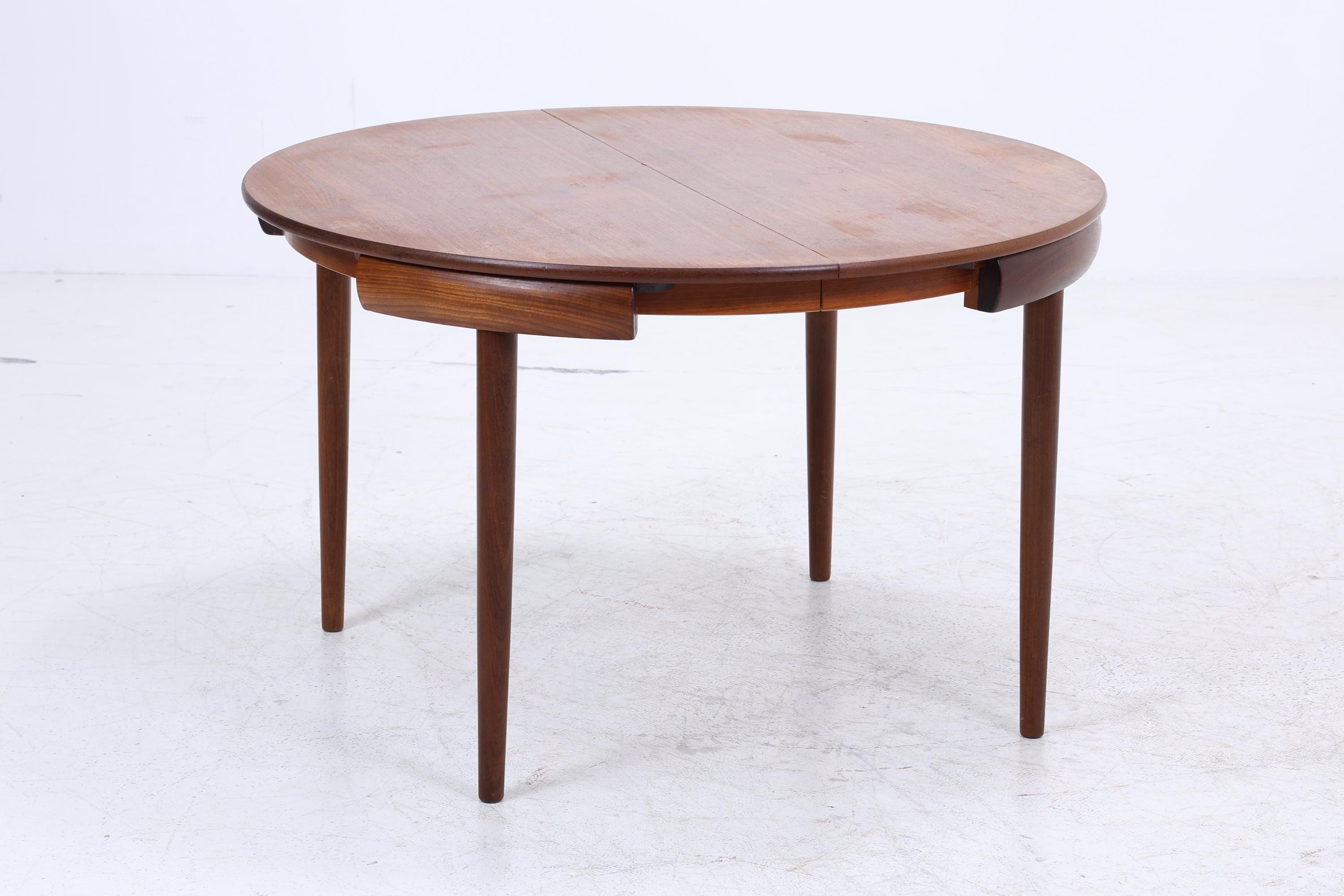 Hans Olsen für Frem Røjle – Vintage runder Ausziehtisch mit 4 Stühlen aus Teak | Danish Mid Century Dining Set