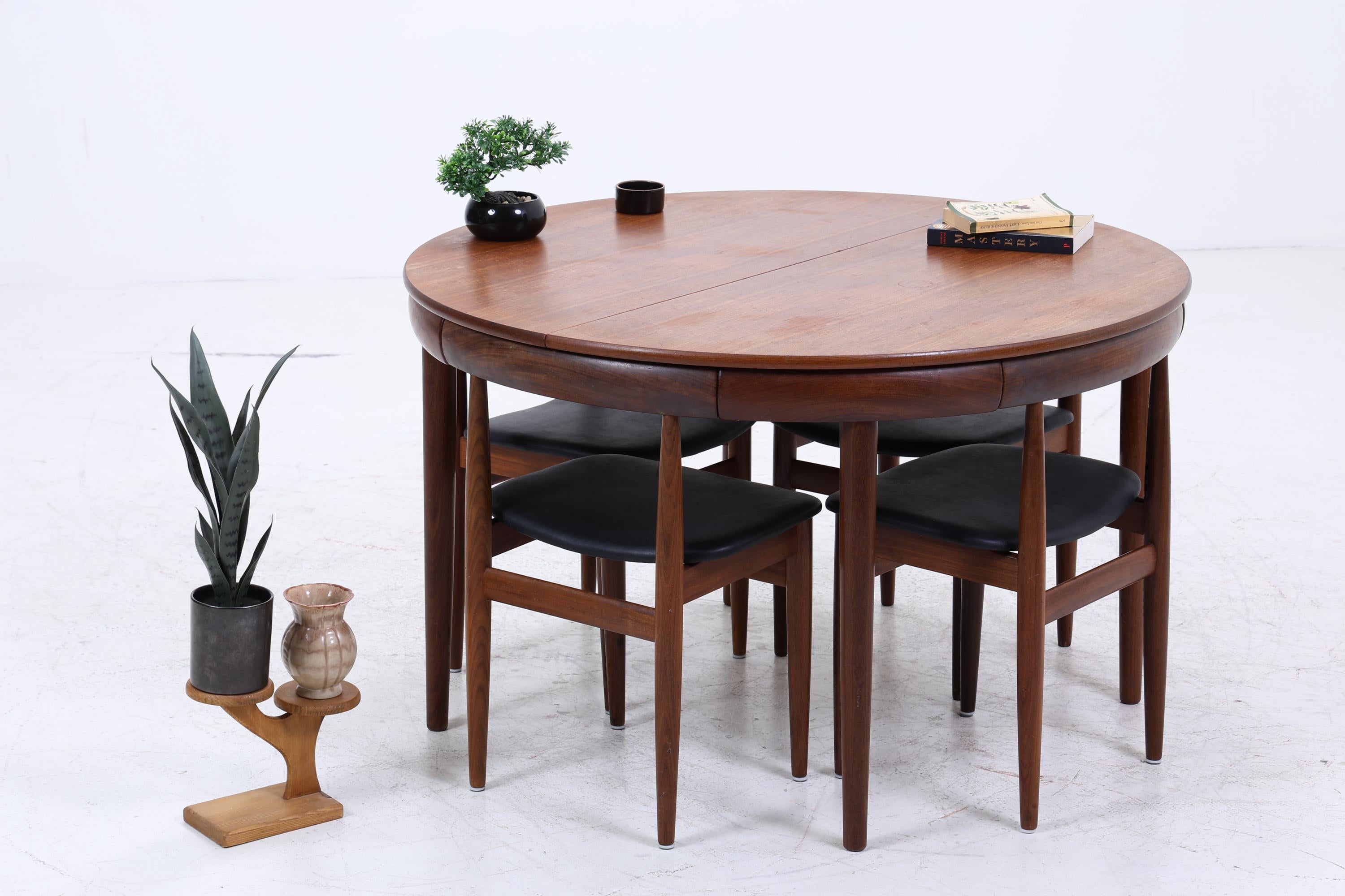 Hans Olsen für Frem Røjle – Vintage runder Ausziehtisch mit 4 Stühlen aus Teak | Danish Mid Century Dining Set