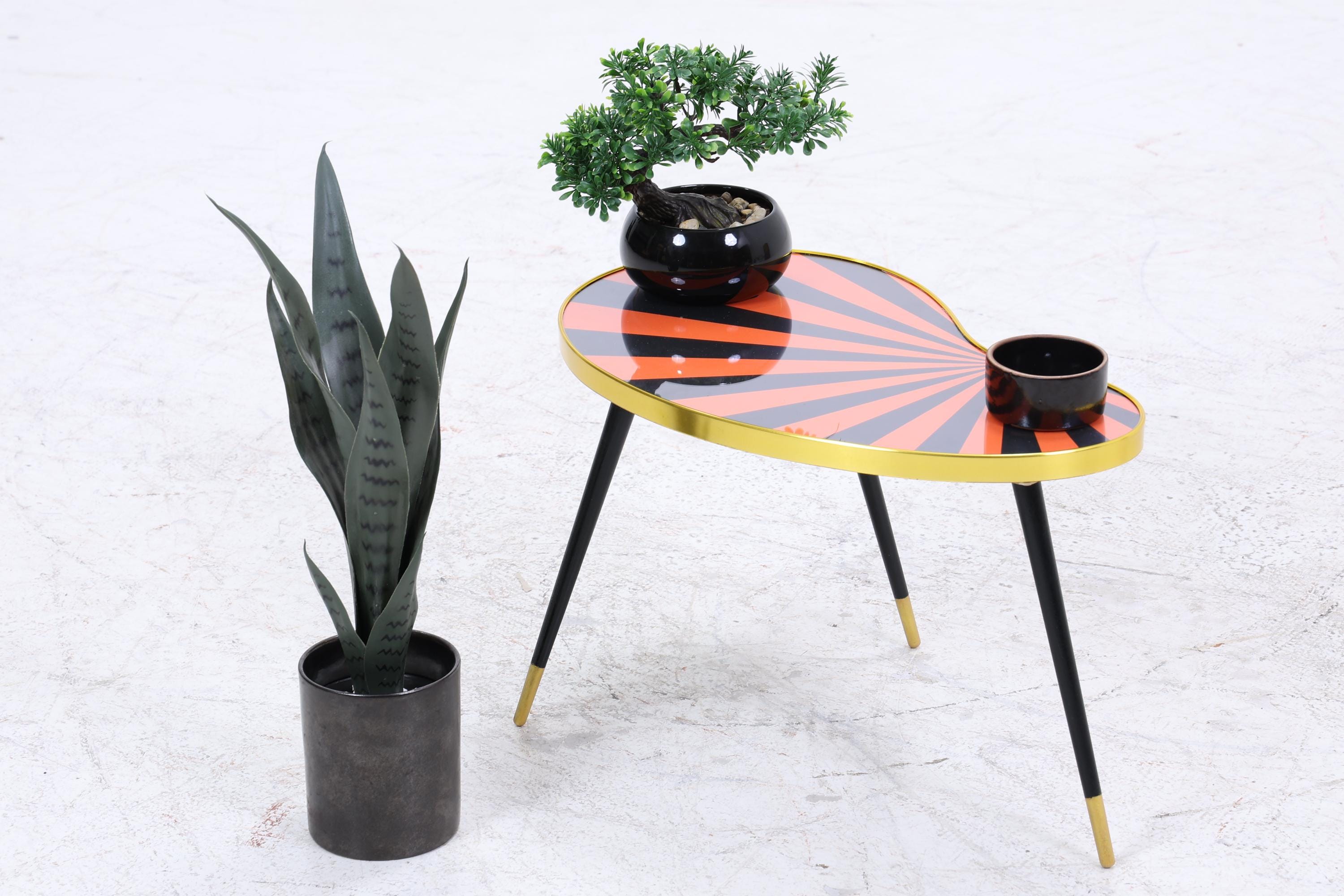 Vintage Nierentisch mit Muster | Mid Century Blumentisch | Beistelltische Schwarz Orange 60er Jahre