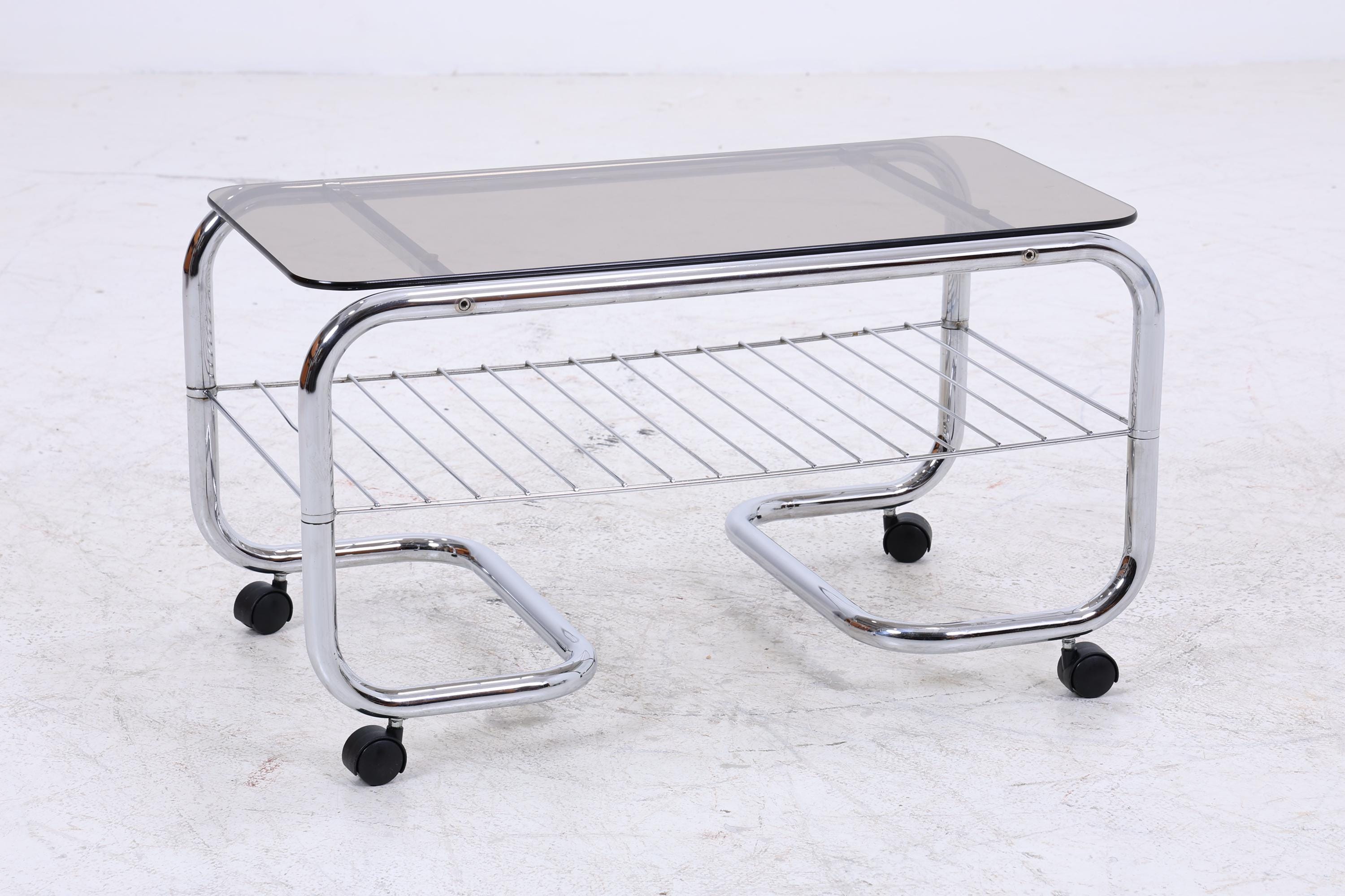 Vintage Servierwagen mit Chromgestell und Glasplatte | Mid-Century Barwagen Beistelltisch