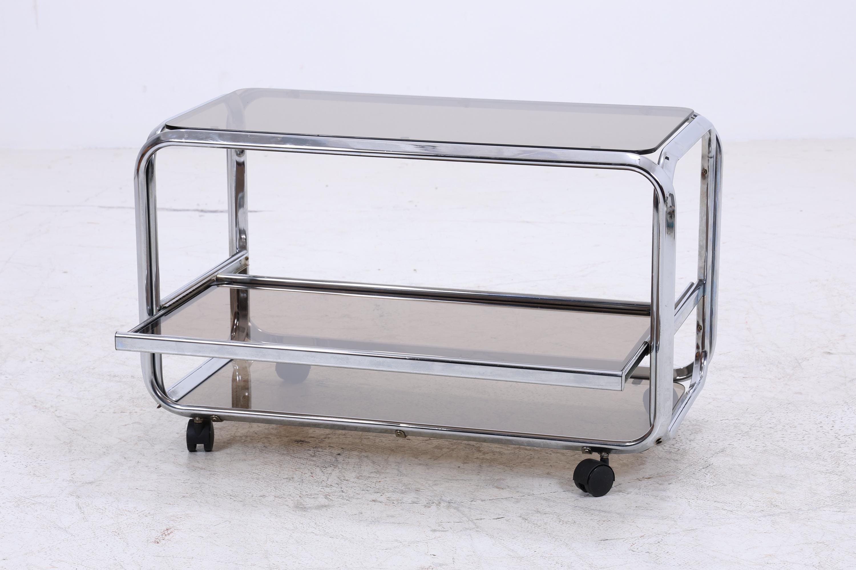 Vintage Servierwagen aus Chrom & Rauchglas | Mid-Century Barwagen Beistelltisch