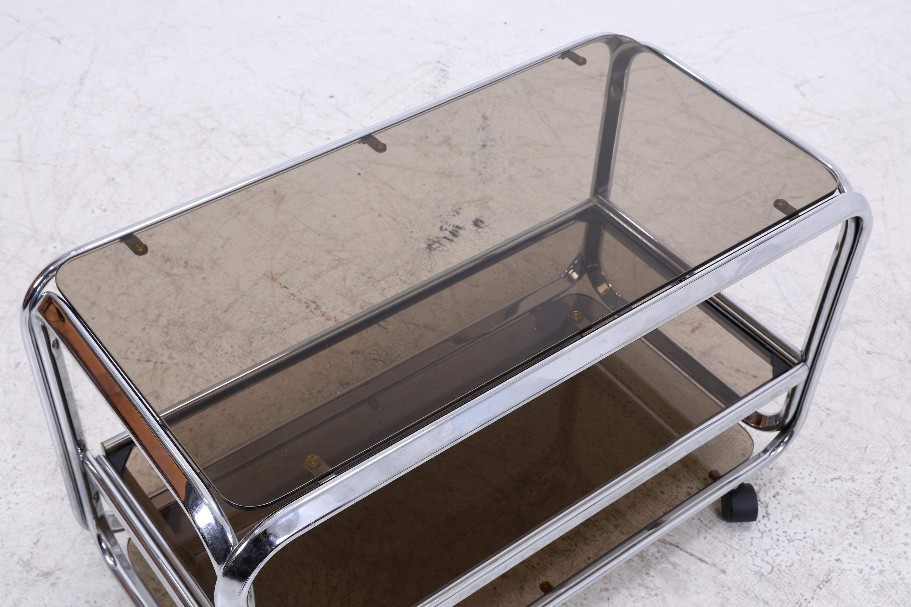 Vintage Servierwagen aus Chrom & Rauchglas | Mid-Century Barwagen Beistelltisch