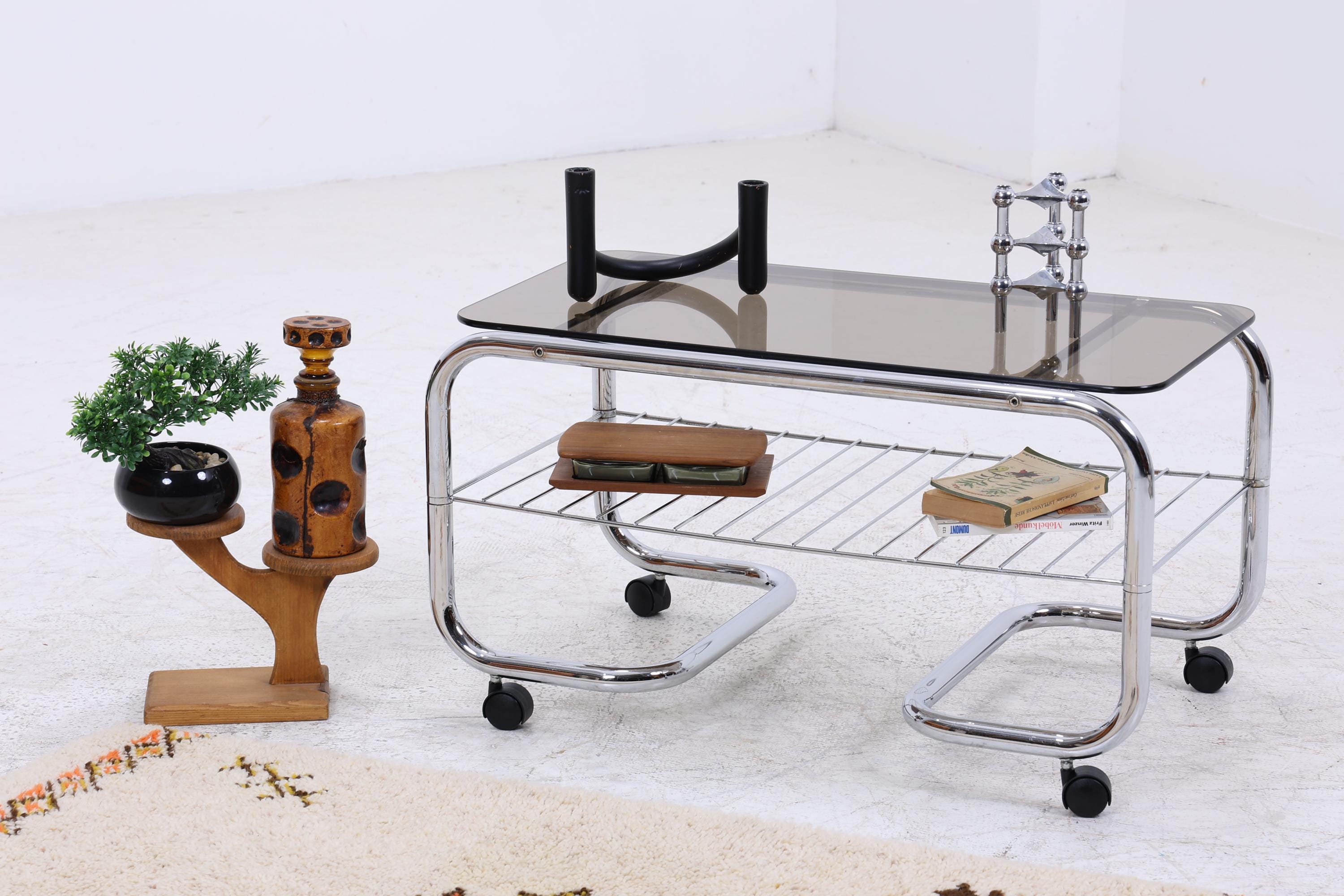 Vintage Servierwagen mit Chromgestell und Glasplatte | Mid-Century Barwagen Beistelltisch