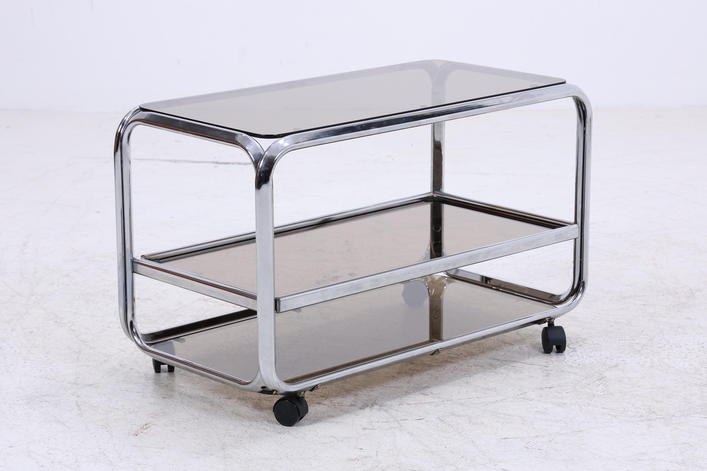 Vintage Servierwagen aus Chrom & Rauchglas | Mid-Century Barwagen Beistelltisch