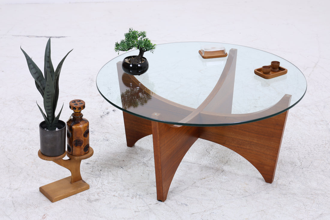 Vintage Couchtisch Glas | Mid Century Coffee Table | 60er Jahre Design | Teak Holz Tisch