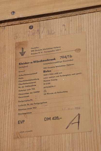 Vintage Hellerau Kleiderschrank | Birke | DDR Design Wäscheschrank | 1964