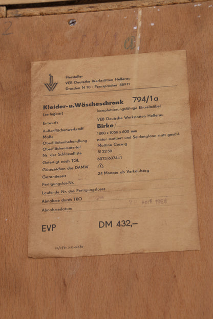 Vintage Hellerau Kleiderschrank | Birke | DDR Design Wäscheschrank | 1964