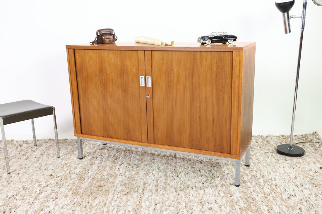 Vintage Aktenschrank 90er Jahre | Mid Century Kommode Schiebetüren Sideboard Rollschrank Büro Schrank Vintage Retro  80er  Holz