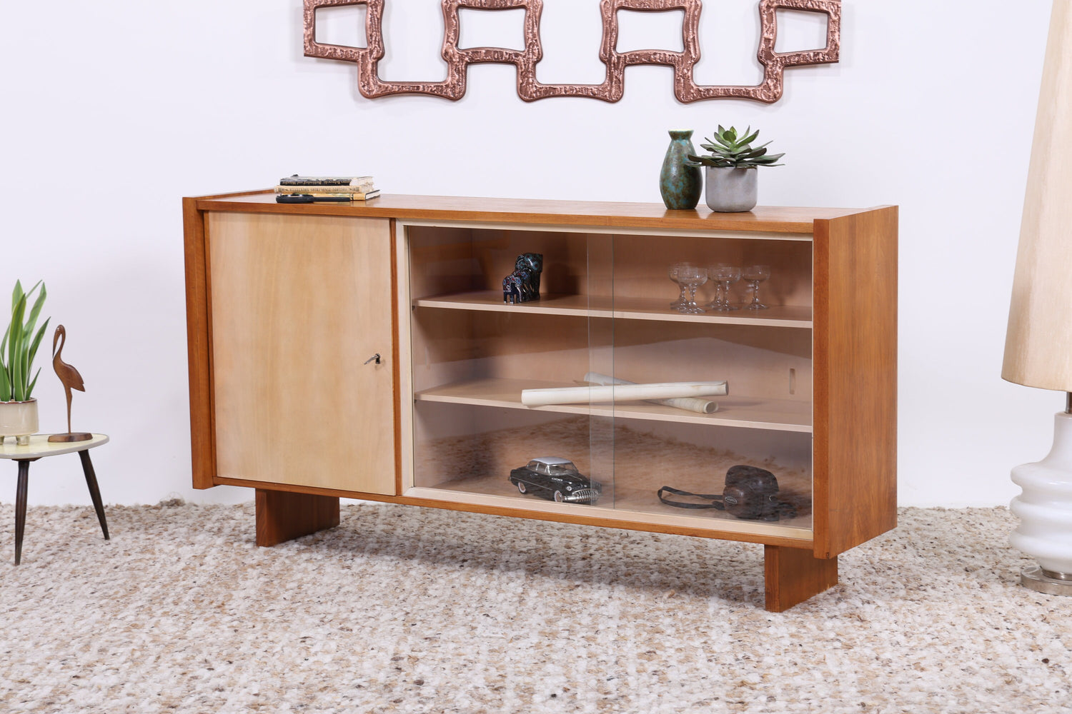 Vintage Glas Sideboard 60er Jahre | Mid Century TV Board Anrichte Schrank Retro Nussbaum Holz Kommode Anbau Einzel Modell