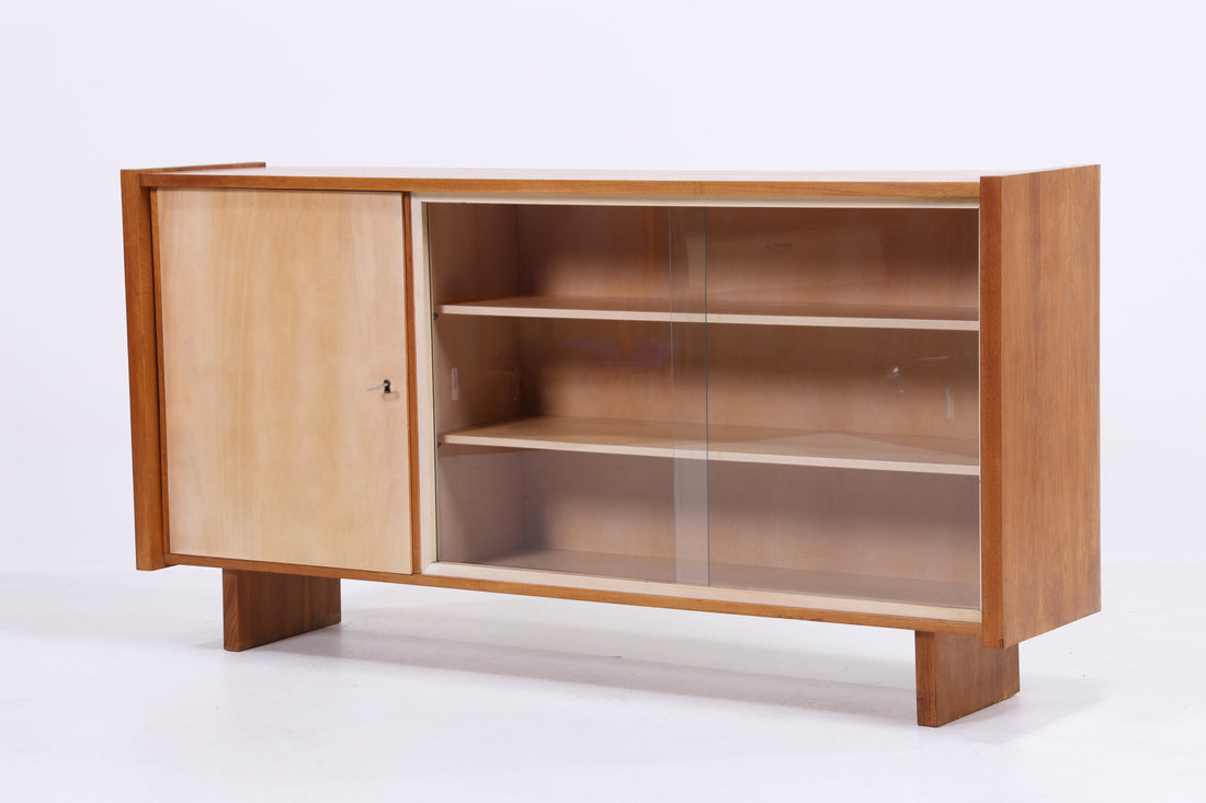 Vintage Glas Sideboard 60er Jahre | Mid Century TV Board Anrichte Schrank Retro Nussbaum Holz Kommode Anbau Einzel Modell