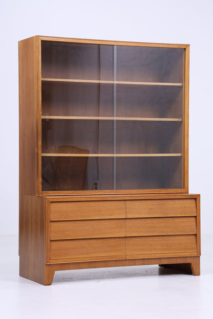 Nussbaum Vitrine 60er Jahre | Mid Century Bücherschrank Vintage Schubladen Regal Aufbewahrung Barschrank Holz Glas