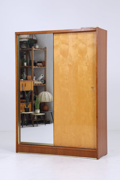 Schöner Vintage Schrank mit Schiebetüren | Mid Century Wäscheschrank Spiegel Fächerschrank Retro 60er Jahre Holz  Aufbewahrung