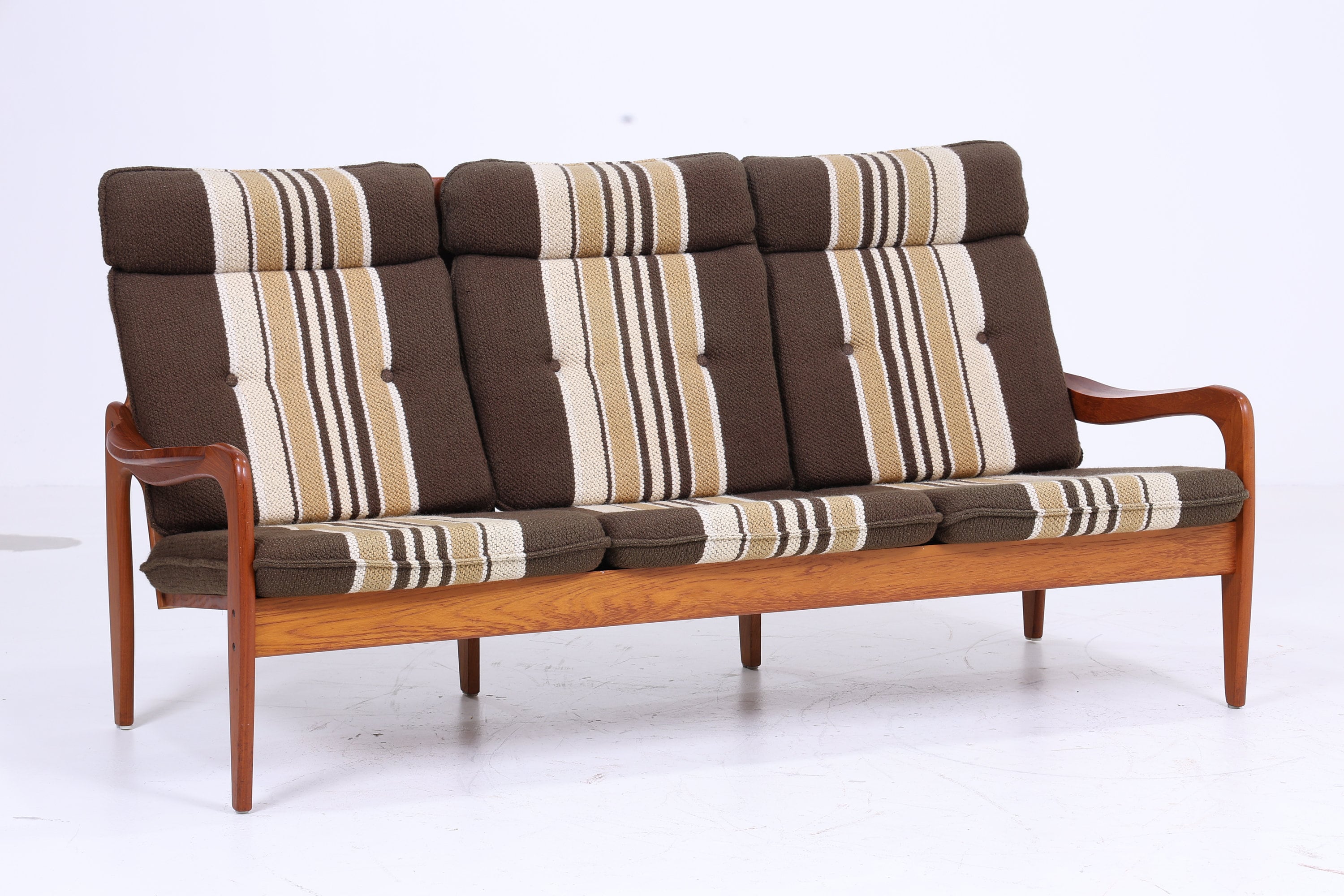 Vintage Teak Sofa 60er Jahre | Mid Century Couch Stoff Grün Beige Braun Gestreift Lounge Retro 70er