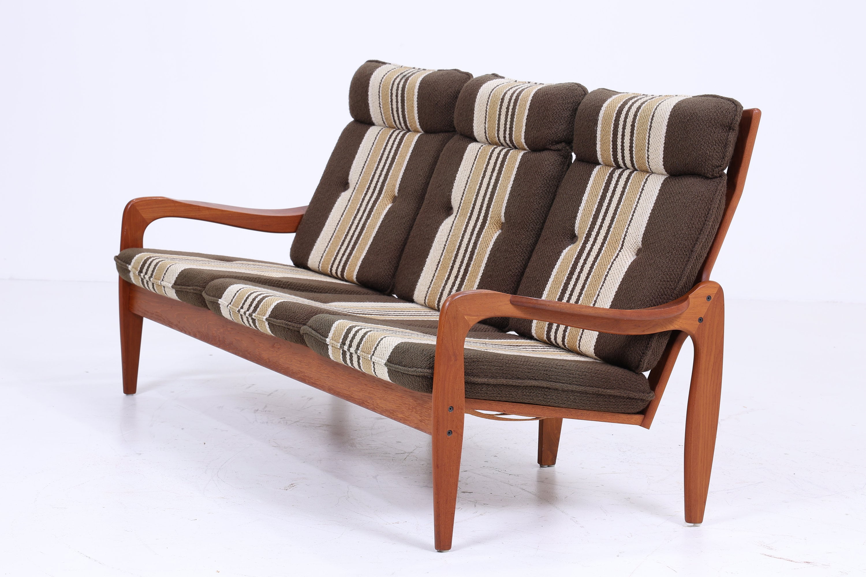 Vintage Teak Sofa 60er Jahre | Mid Century Couch Stoff Grün Beige Braun Gestreift Lounge Retro 70er