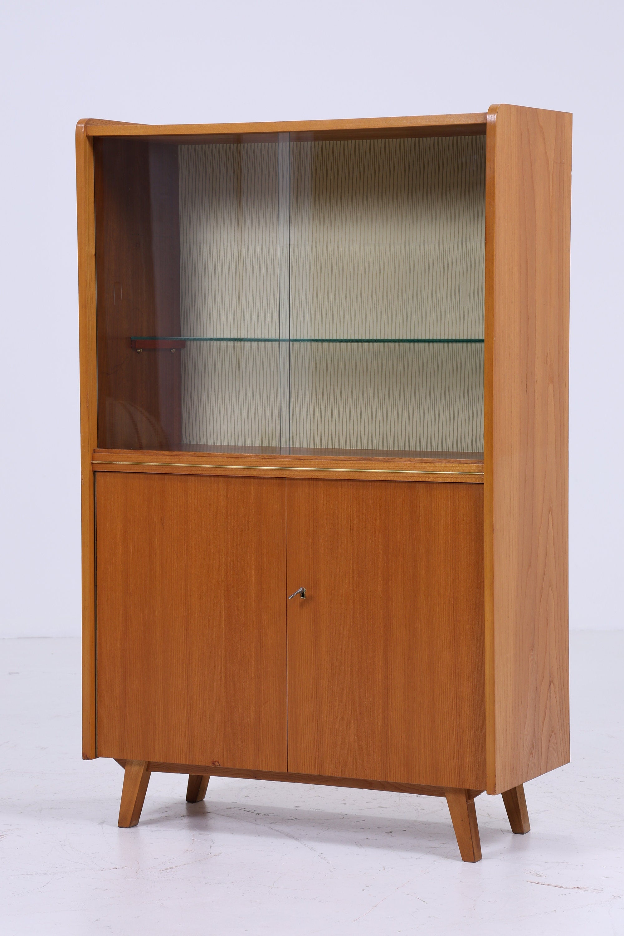 Klassische Vintage Glas Vitrine | Mid Century Bücherregal 60er Jahre |  Retro Schrank mit Glas Schiebetüren Holz Aufbewahrung