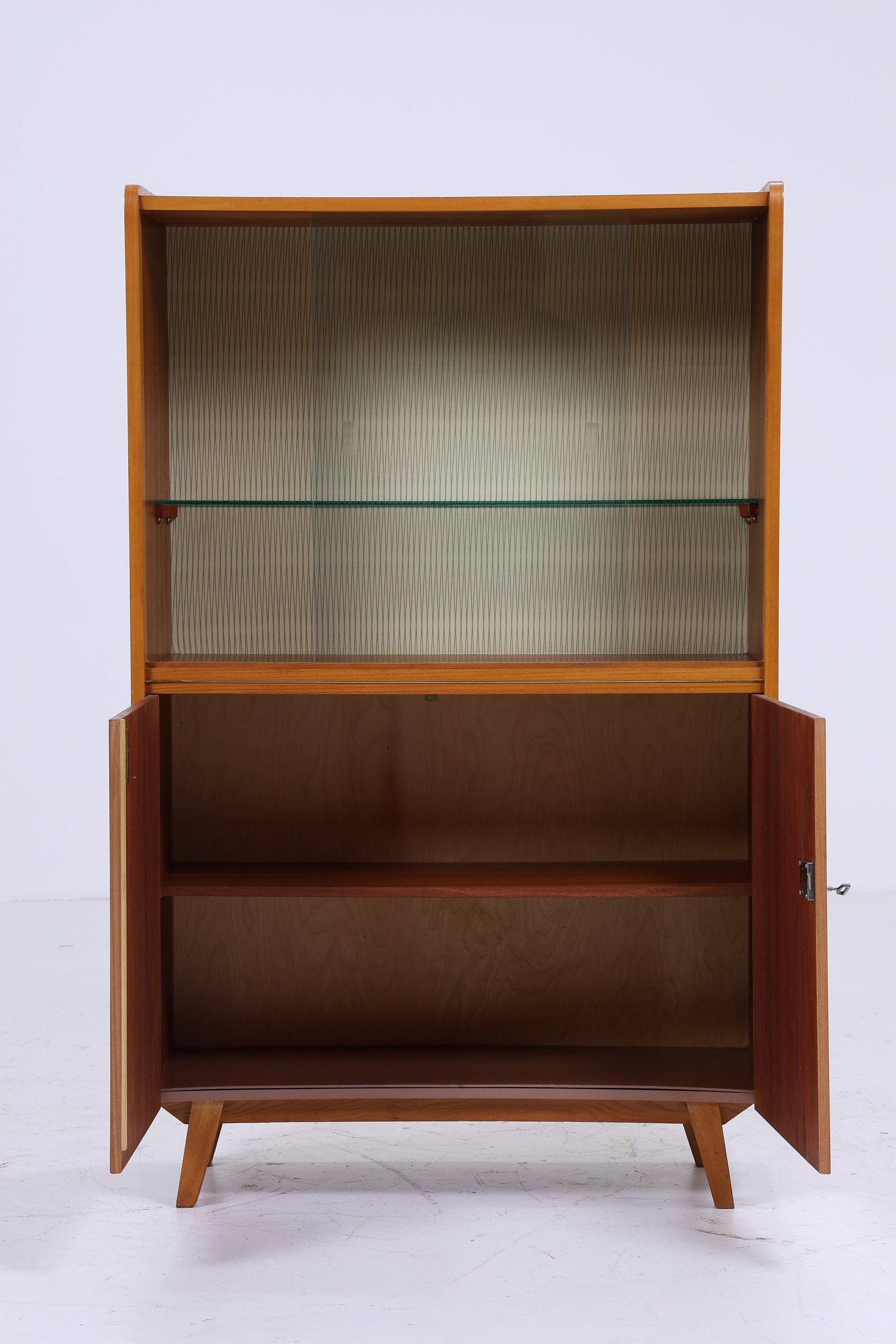 Klassische Vintage Glas Vitrine | Mid Century Bücherregal 60er Jahre |  Retro Schrank mit Glas Schiebetüren Holz Aufbewahrung