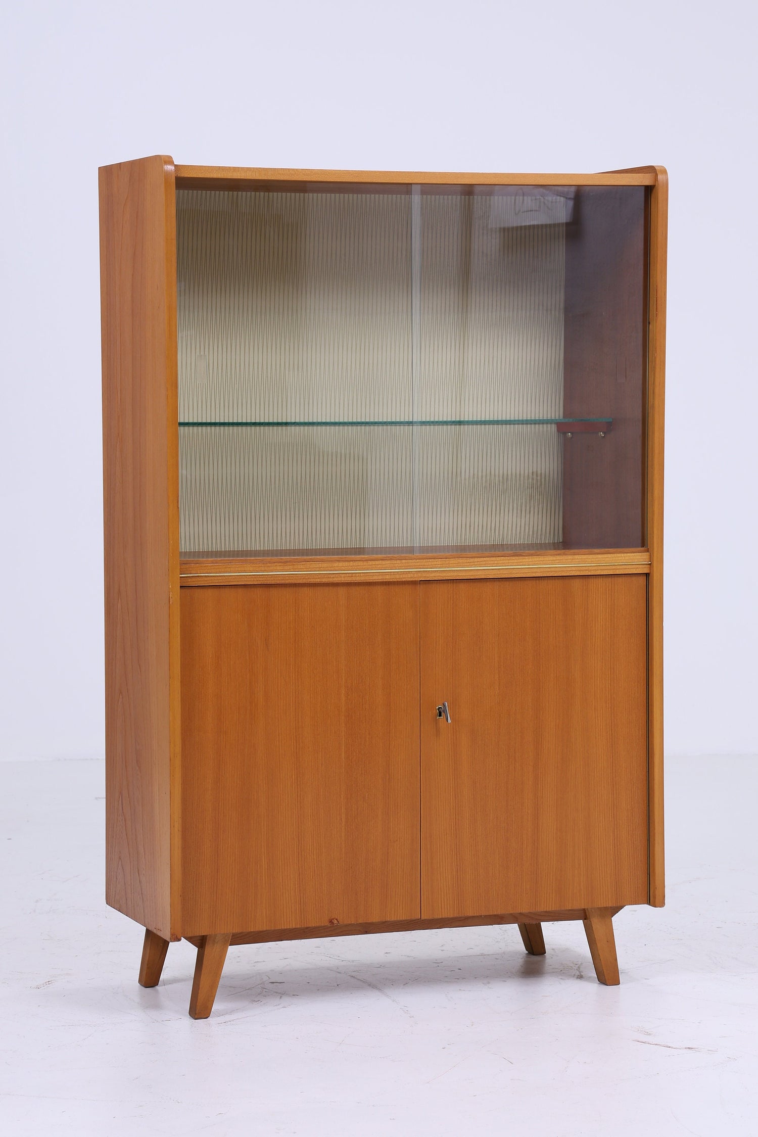 Klassische Vintage Glas Vitrine | Mid Century Bücherregal 60er Jahre |  Retro Schrank mit Glas Schiebetüren Holz Aufbewahrung