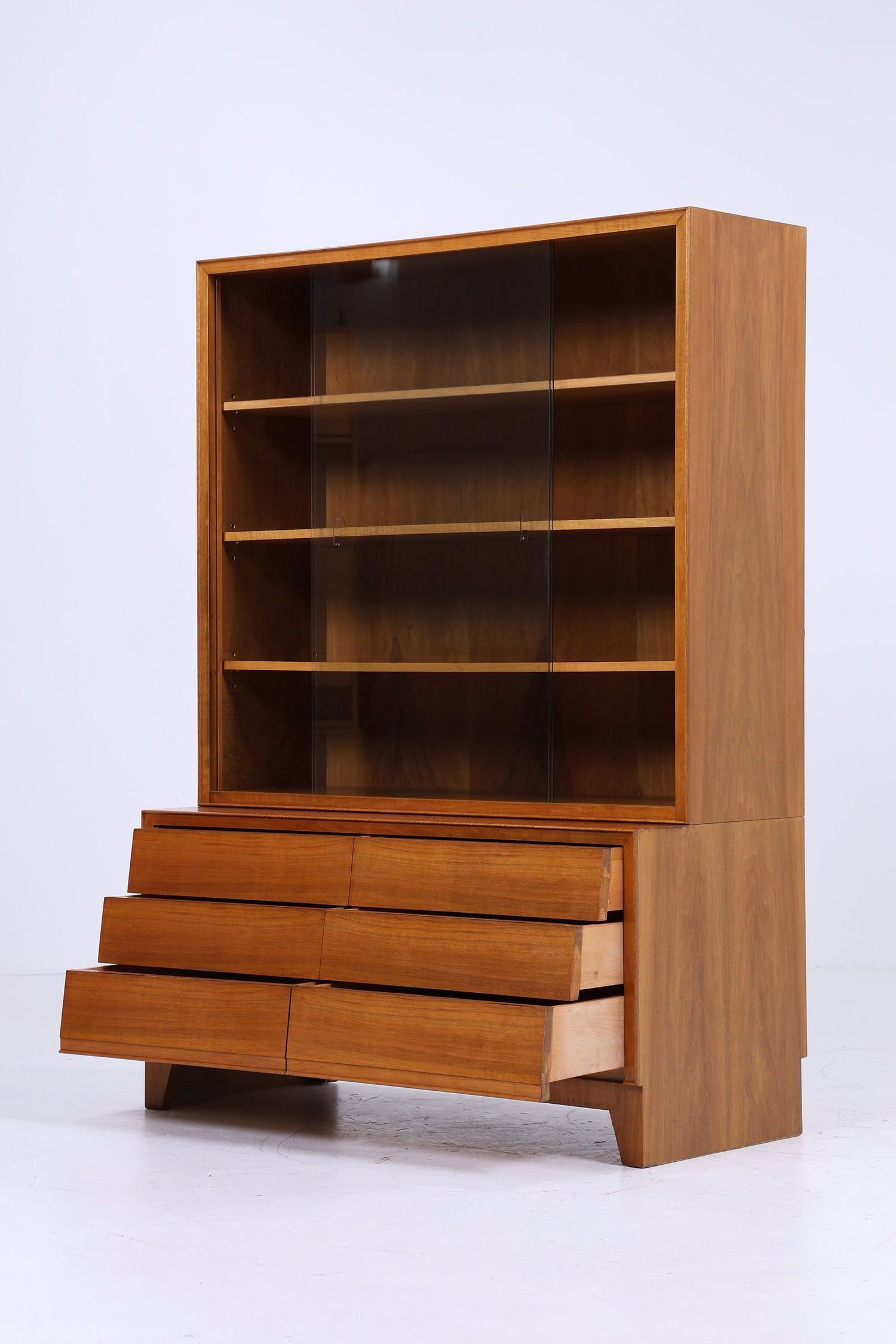 Nussbaum Vitrine 60er Jahre | Mid Century Bücherschrank Vintage Schubladen Regal Aufbewahrung Barschrank Holz Glas