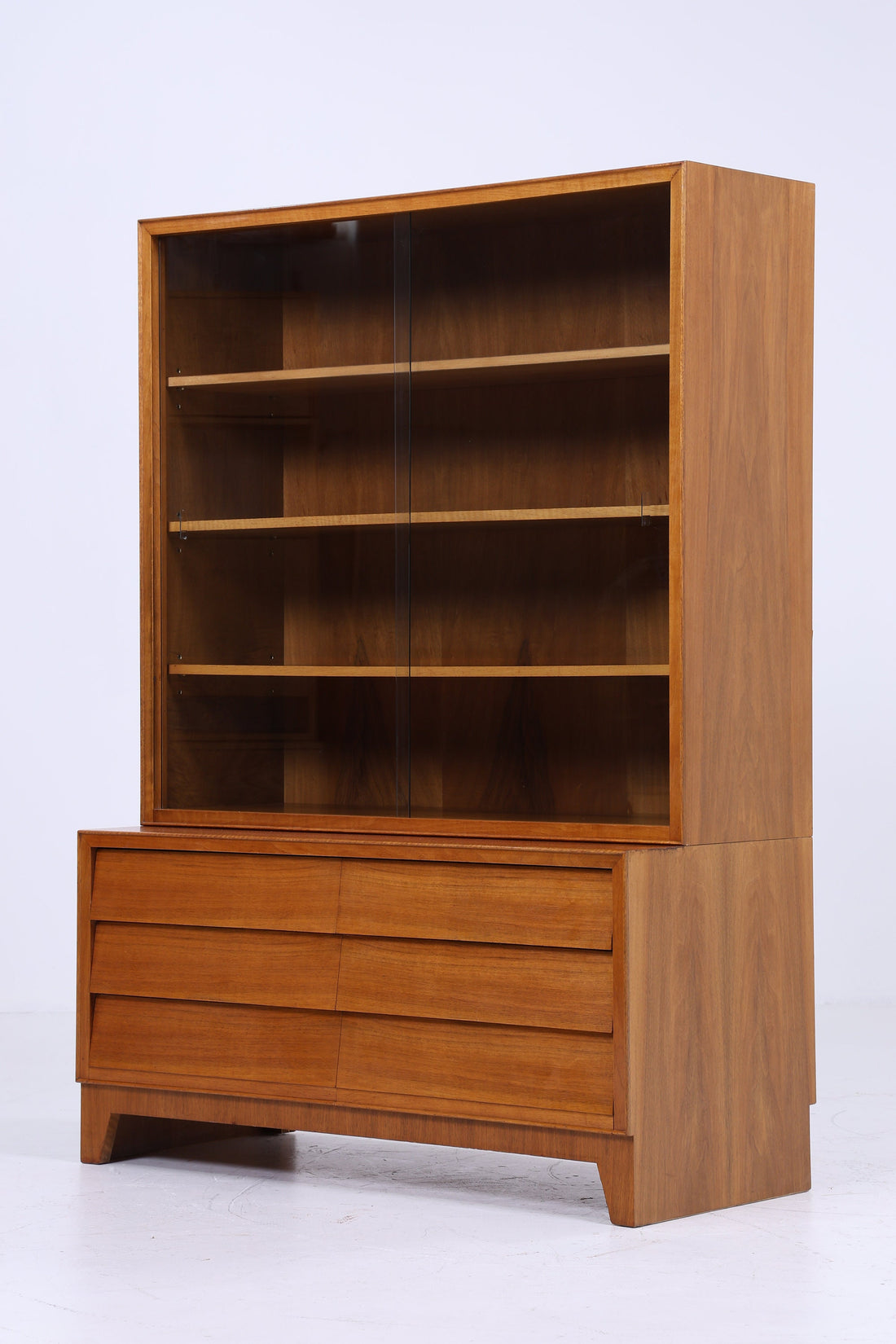 Nussbaum Vitrine 60er Jahre | Mid Century Bücherschrank Vintage Schubladen Regal Aufbewahrung Barschrank Holz Glas