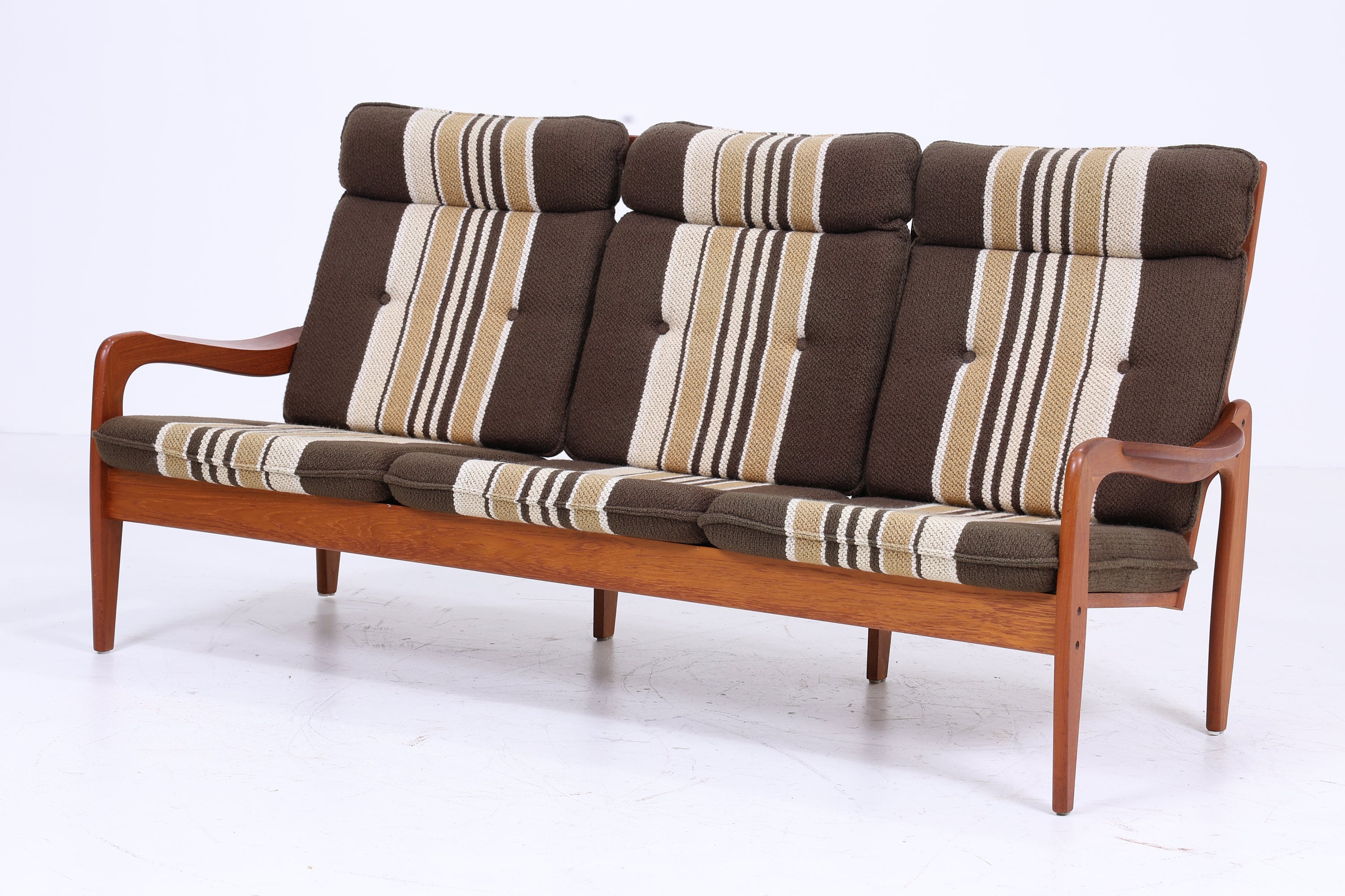 Vintage Teak Sofa 60er Jahre | Mid Century Couch Stoff Grün Beige Braun Gestreift Lounge Retro 70er