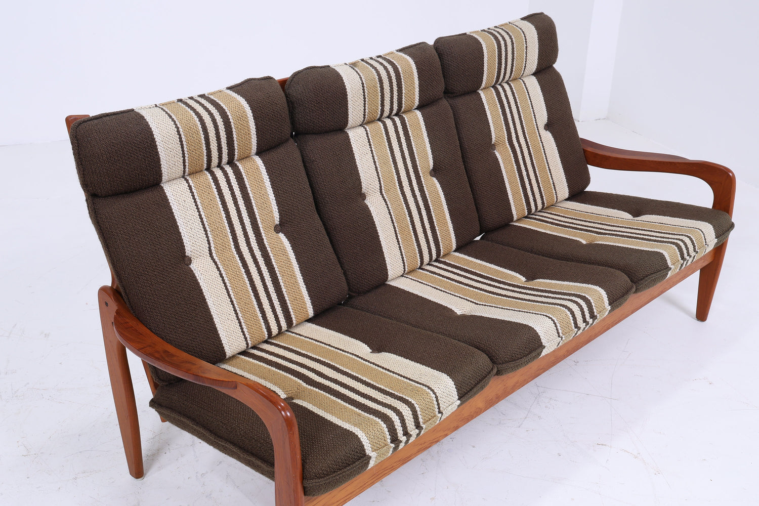 Vintage Teak Sofa 60er Jahre | Mid Century Couch Stoff Grün Beige Braun Gestreift Lounge Retro 70er