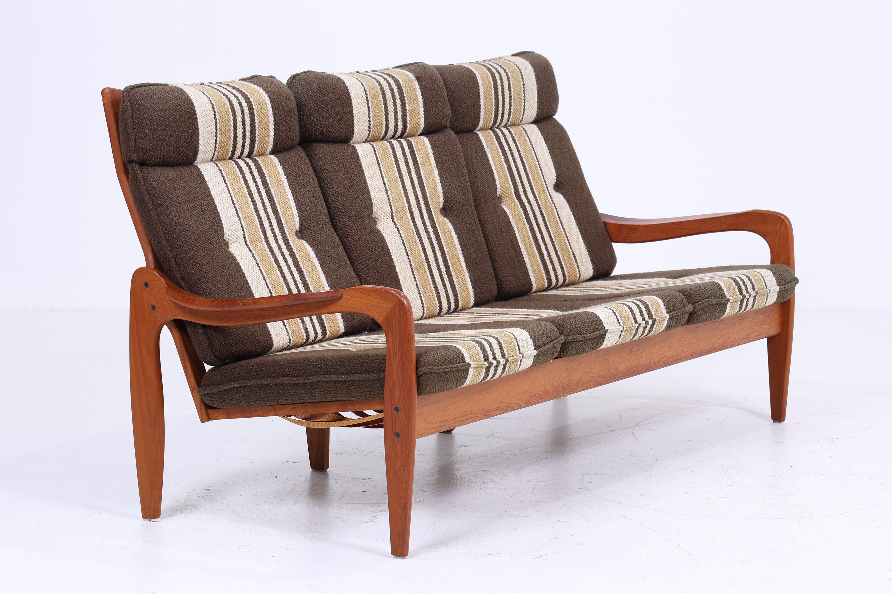 Vintage Teak Sofa 60er Jahre | Mid Century Couch Stoff Grün Beige Braun Gestreift Lounge Retro 70er