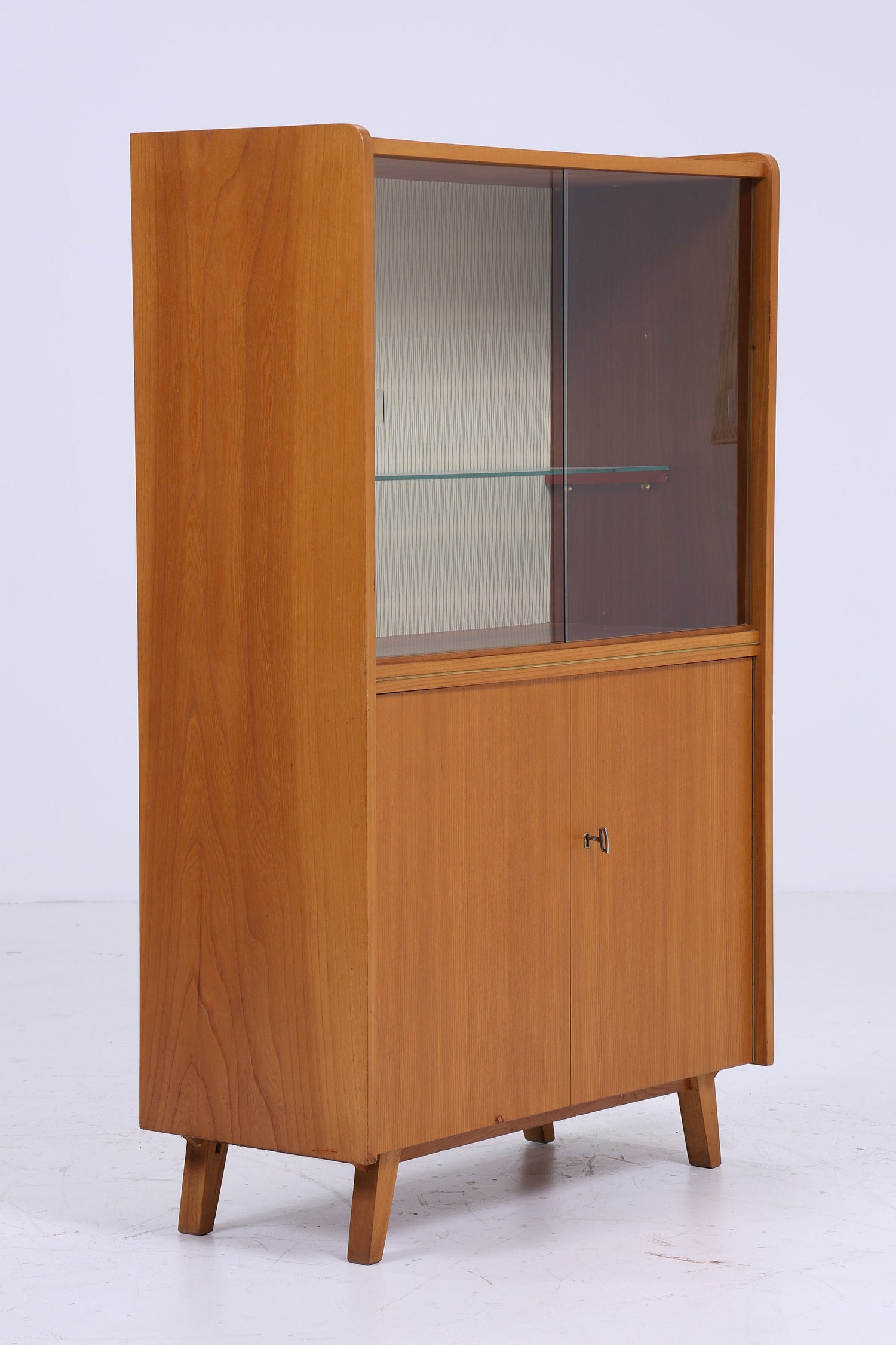 Klassische Vintage Glas Vitrine | Mid Century Bücherregal 60er Jahre |  Retro Schrank mit Glas Schiebetüren Holz Aufbewahrung