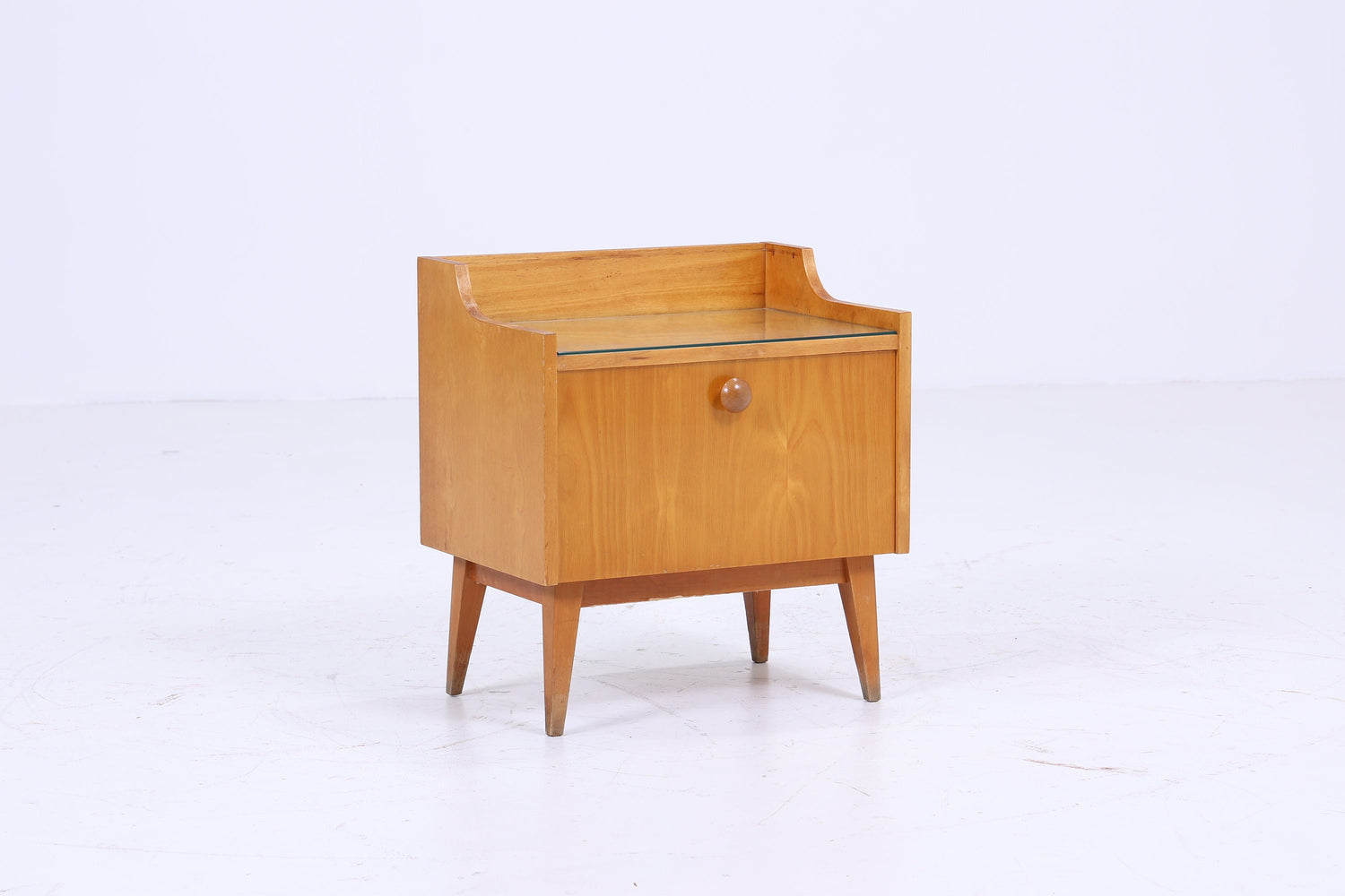 Vintage Nachttisch der 60er | Mid Century Mini Kommode mit Klappe und Glasablage Vintage | Stilvolle 70er Holz Aufbewahrung Schlafzimmer