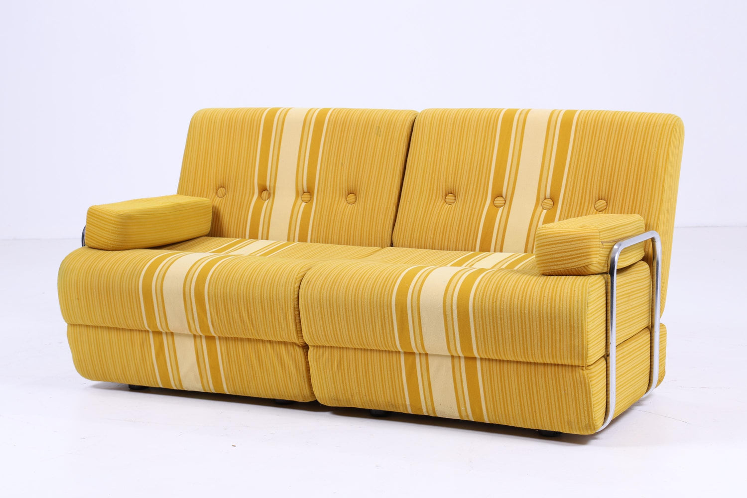 Vintage Modular Schlaf Sofa 60er Jahre | Mid Century Falt Couch 2 Sitze Tagesbett Schlafsessel Space Age  Gelb Gestreift 70er 2v2