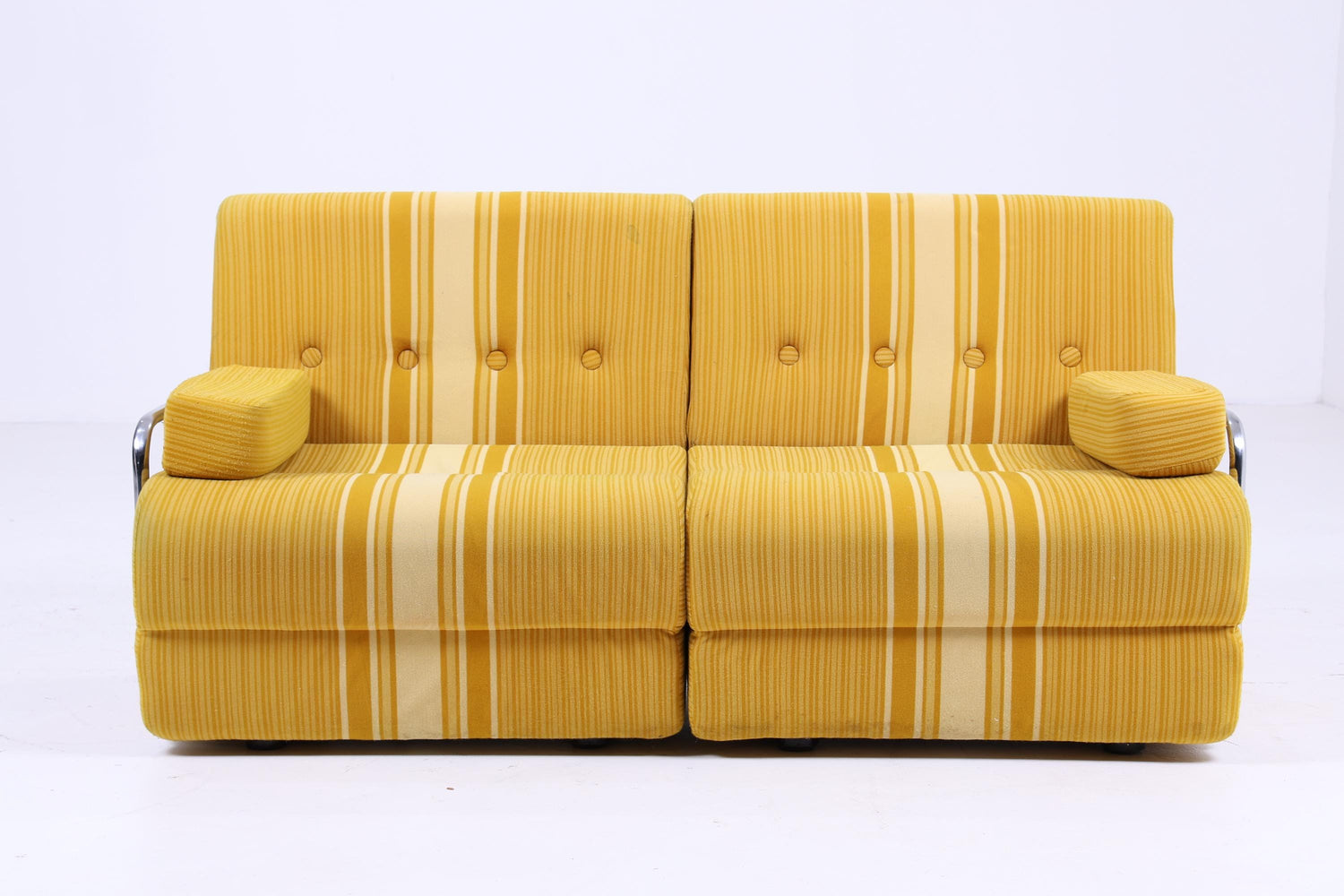 Vintage Modular Schlaf Sofa 60er Jahre | Mid Century Falt Couch 2 Sitze Tagesbett Schlafsessel Space Age  Gelb Gestreift 70er 2v2