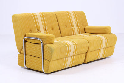 Vintage Modular Schlaf Sofa 60er Jahre | Mid Century Falt Couch 2 Sitze Tagesbett Schlafsessel Space Age  Gelb Gestreift 70er 2v2