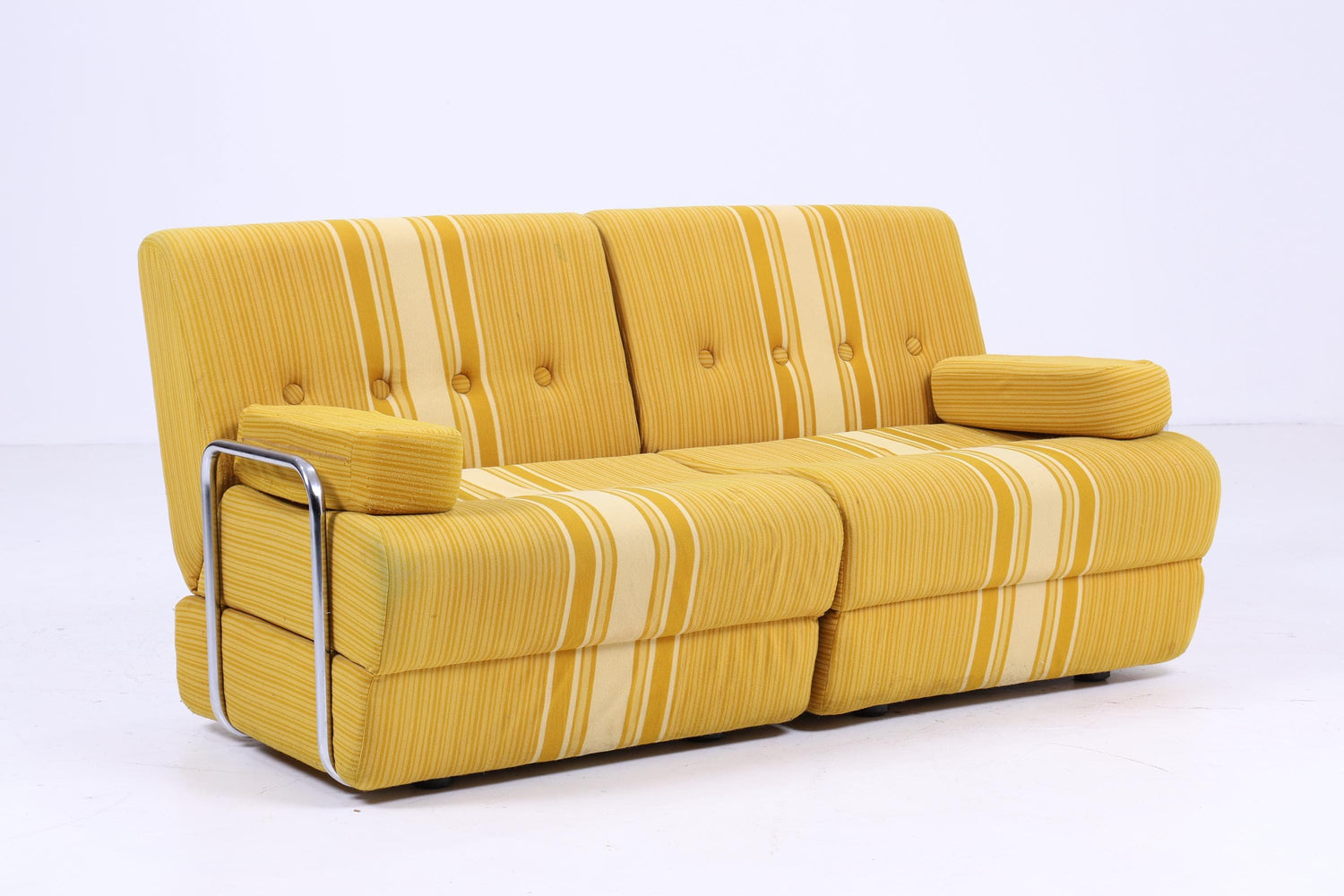 Vintage Modular Schlaf Sofa 60er Jahre | Mid Century Falt Couch 2 Sitze Tagesbett Schlafsessel Space Age  Gelb Gestreift 70er 2v2