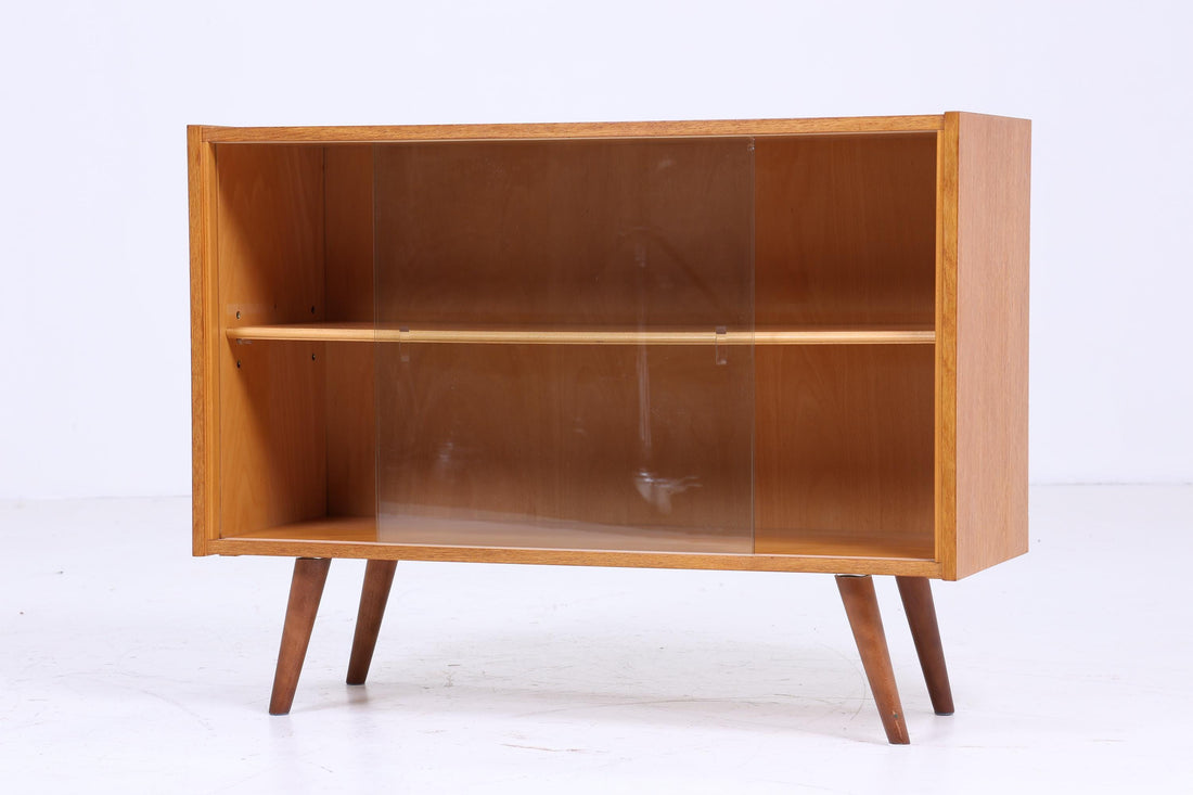 Vintage Glas Kommode 60er Jahre | Mid Century Vitrine Flur Konsole Schrank Retro 70er Holz Braun Esche Aufbewahrung