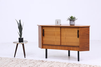 Vintage Eckkommode 60er Jahre | Mid Century Kommode Schrank Retro 70er Holz Aufbewahrung Schiebetüren Nussbaum