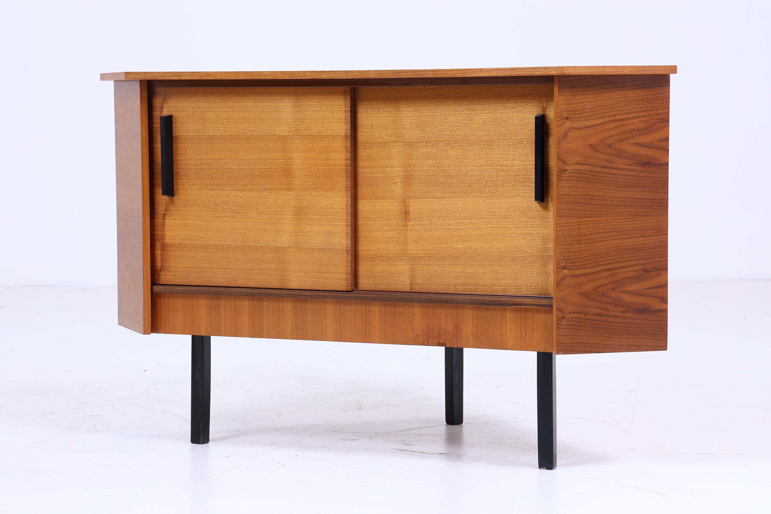 Vintage Eckkommode 60er Jahre | Mid Century Kommode Schrank Retro 70er Holz Aufbewahrung Schiebetüren Nussbaum