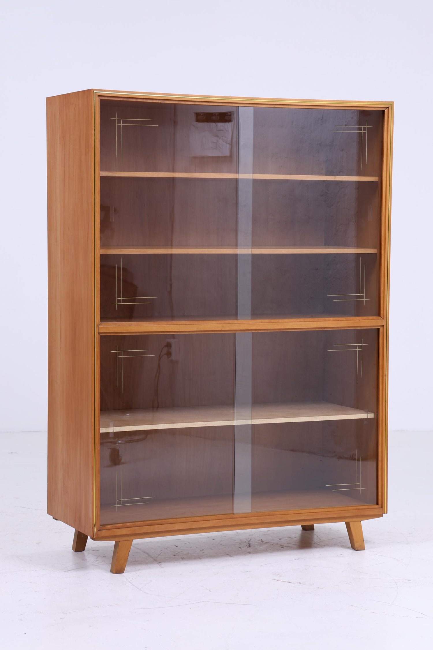 Vintage Vitrine 60er Jahre | Mid Century Schrank Retro Holz Gold Zierleisten