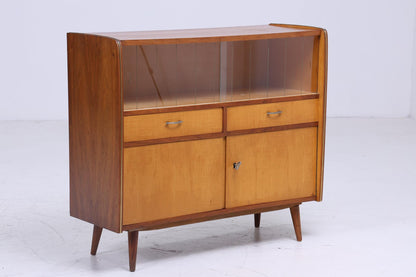 Vintage Glas Kommode | Mid Century Vitrine 60er  |  Retro Schrank mit Glas Schiebetüren Holz Aufbewahrung