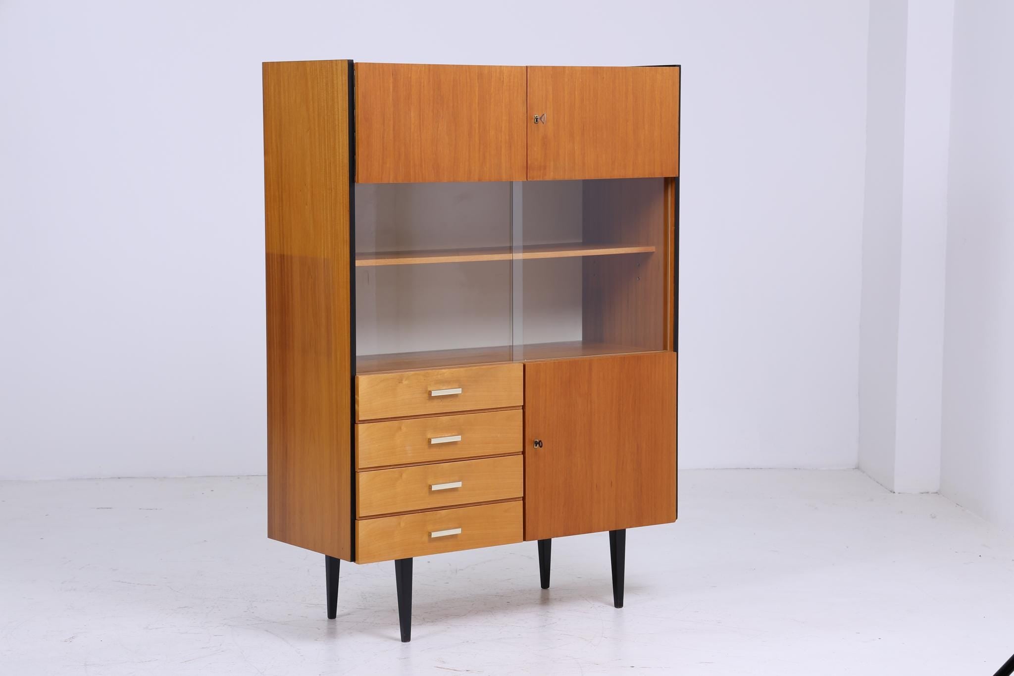 Hohe Vintage Vitrine aus den 60ern | Antike Glas Vitrine Schubladen Schrank Bücherregal Holz Aufbewahrung