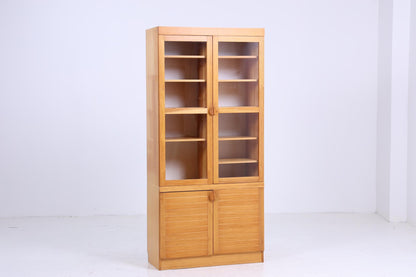 Hohe Vintage Vitrine aus Kiefernholz | Antike Glas Vitrine Schrank Bücherregal Holz Aufbewahrung