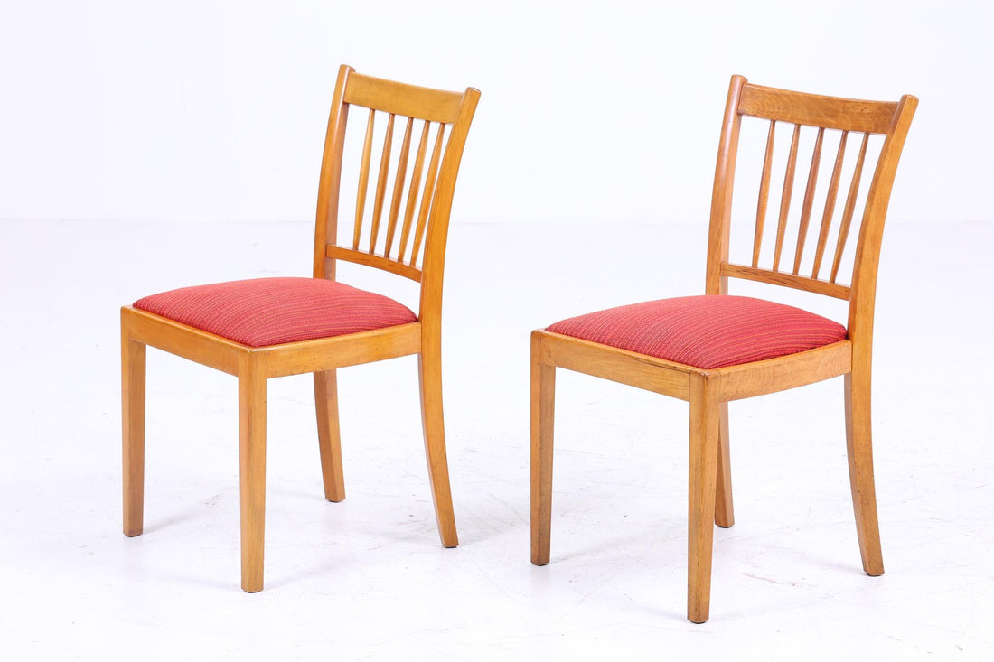 1 of 2 vintage beech dining room chairs | Mid-century 1960s chair | Kitchen chair with red fabric cover