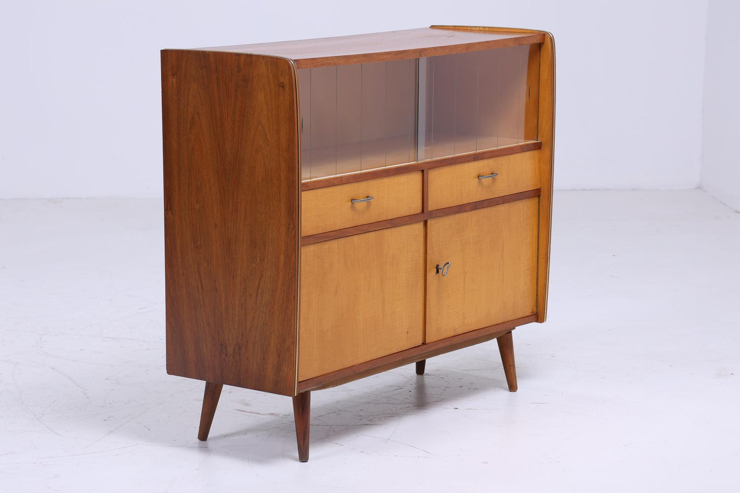 Vintage Glas Kommode | Mid Century Vitrine 60er  |  Retro Schrank mit Glas Schiebetüren Holz Aufbewahrung